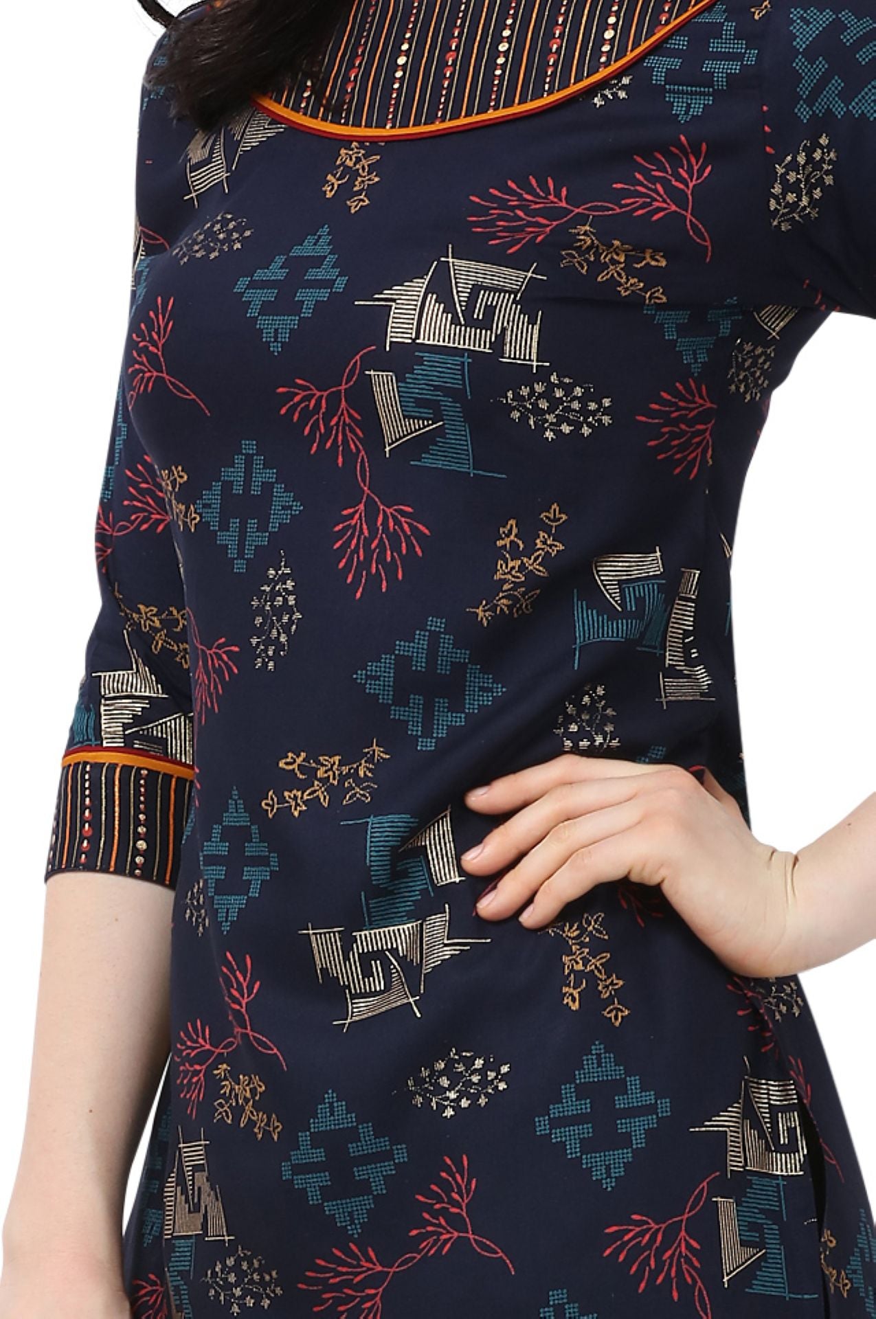Navy Blue Rayon Foil Print Women's Straight Kurta