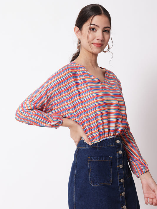 Women's Party Full Sleeve Striped Red Multicolor Top