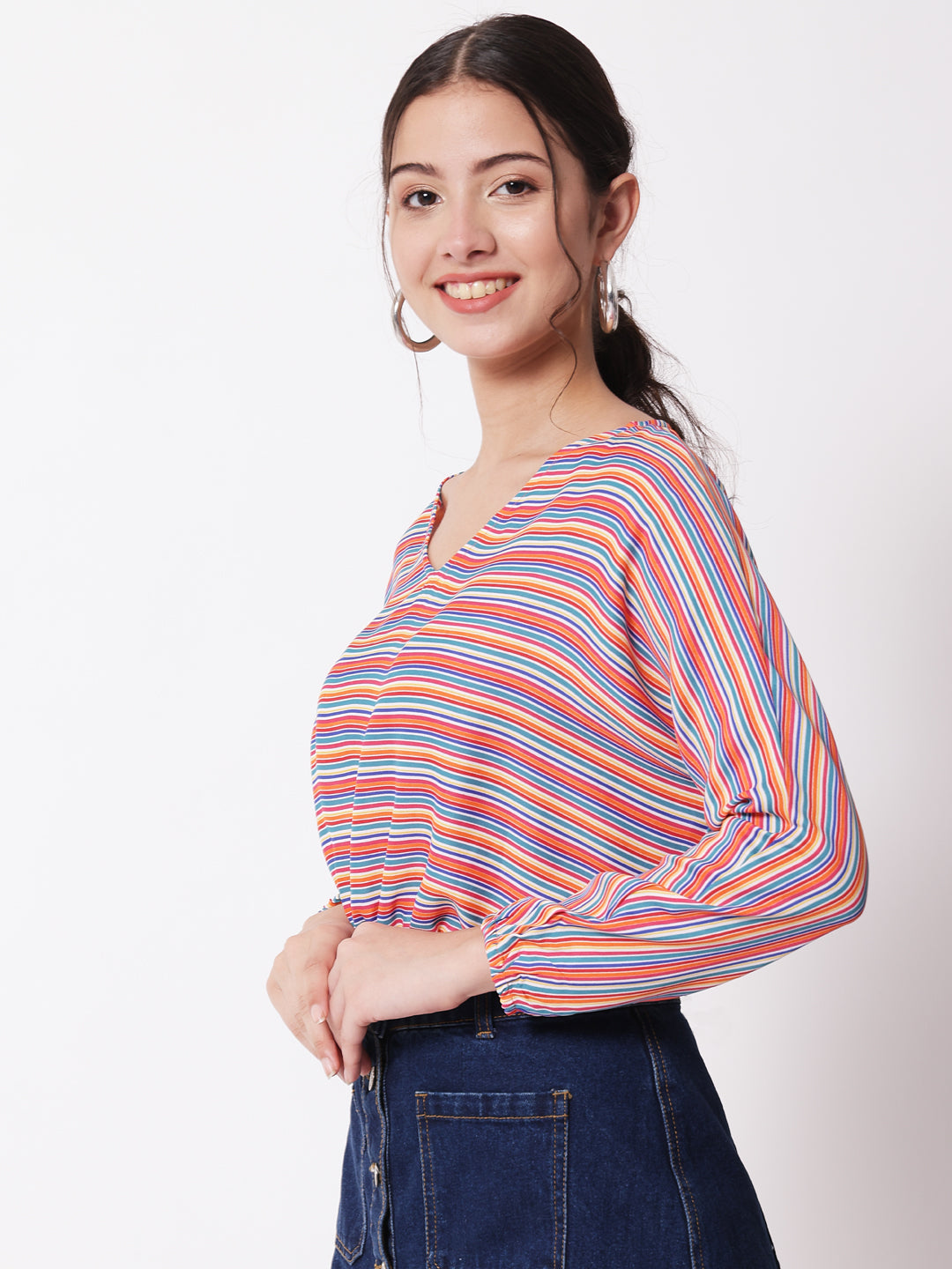 Women's Party Full Sleeve Striped Red Multicolor Top