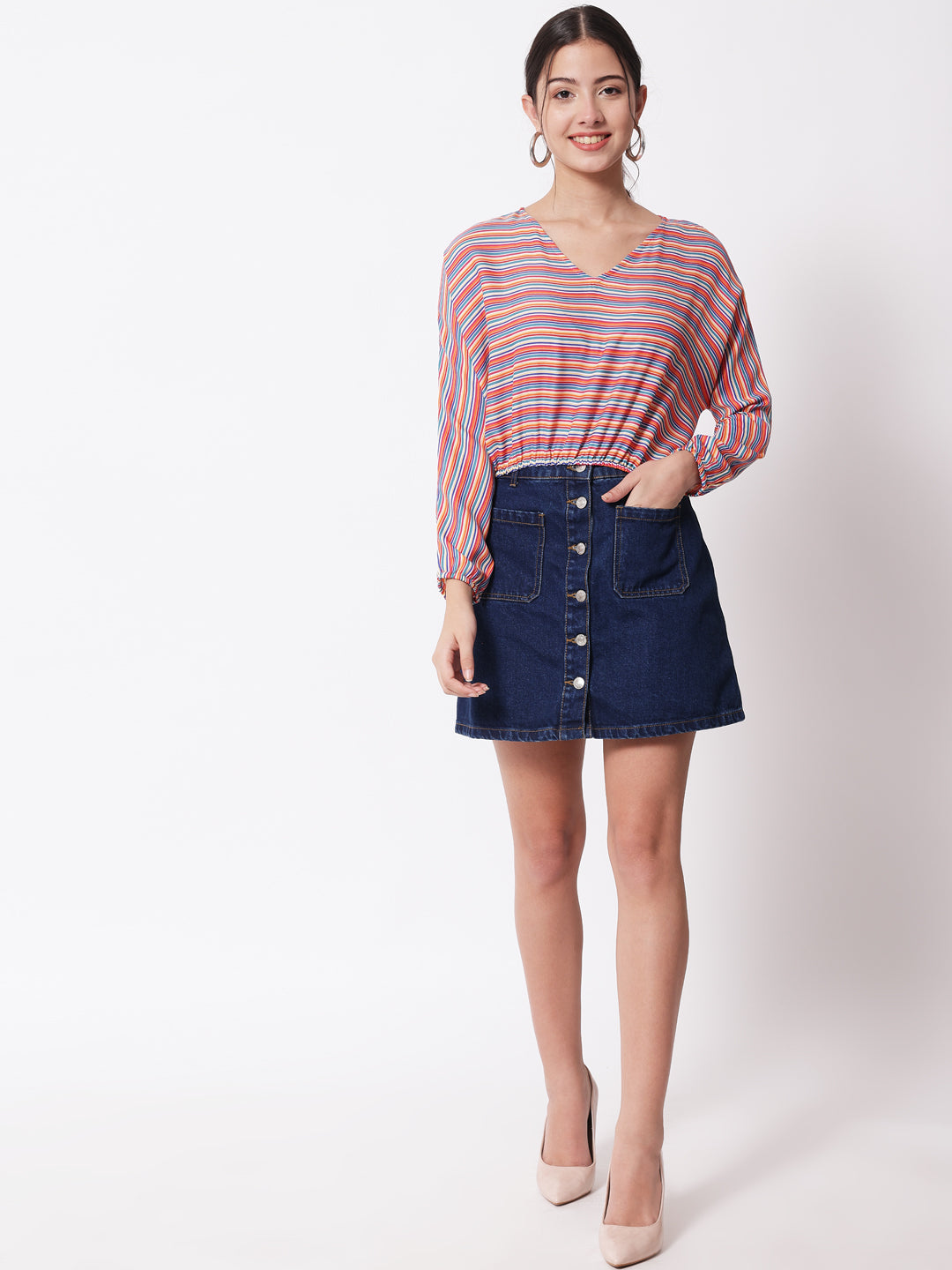 Women's Party Full Sleeve Striped Red Multicolor Top
