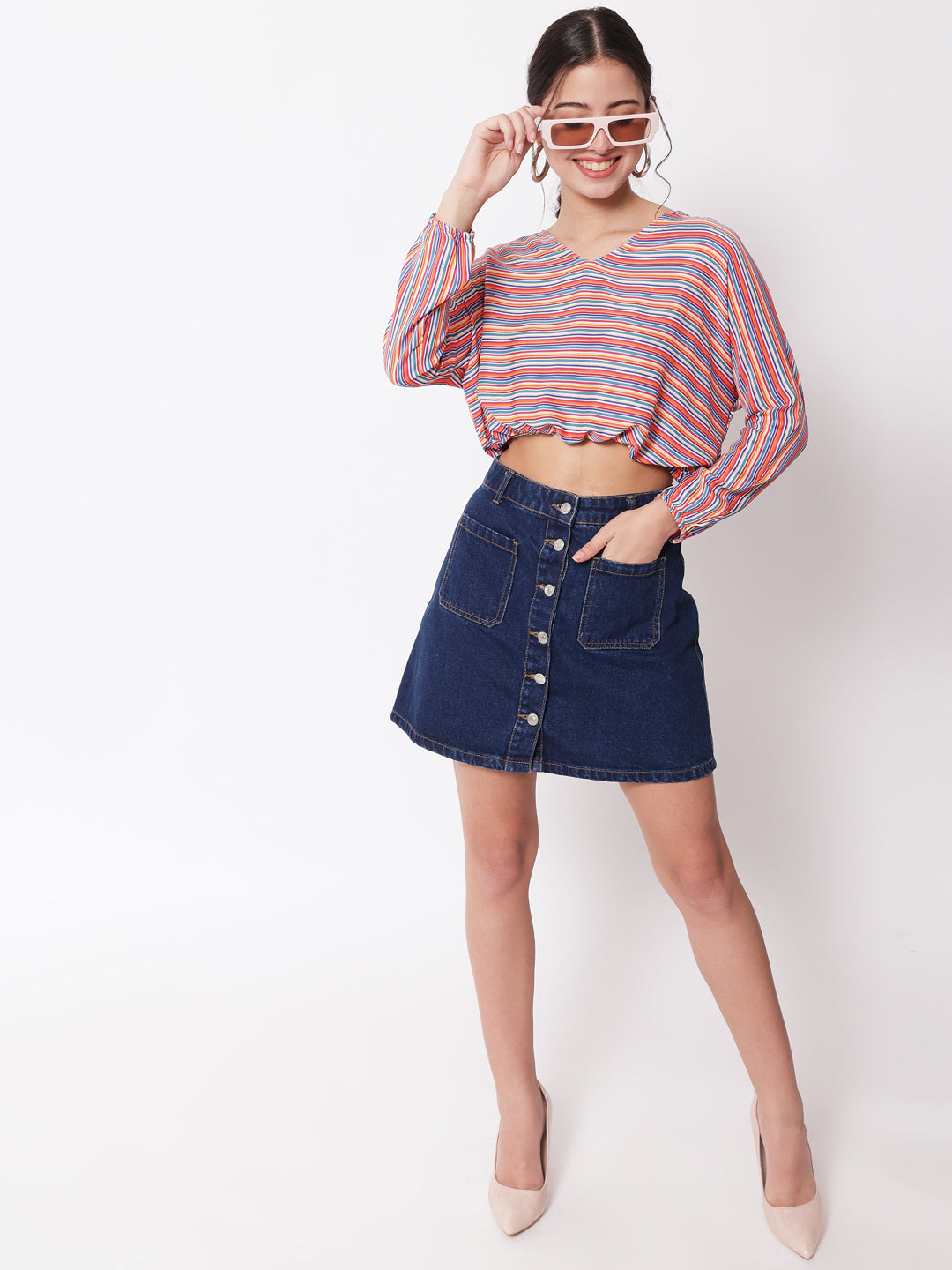 Women's Party Full Sleeve Striped Red Multicolor Top