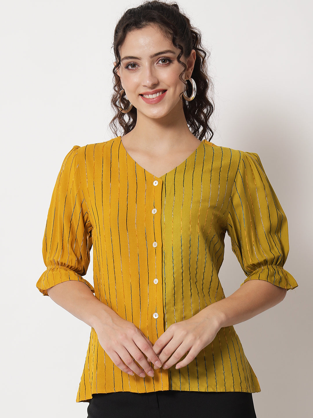Women's Party Half Sleeve Striped Mustard Top