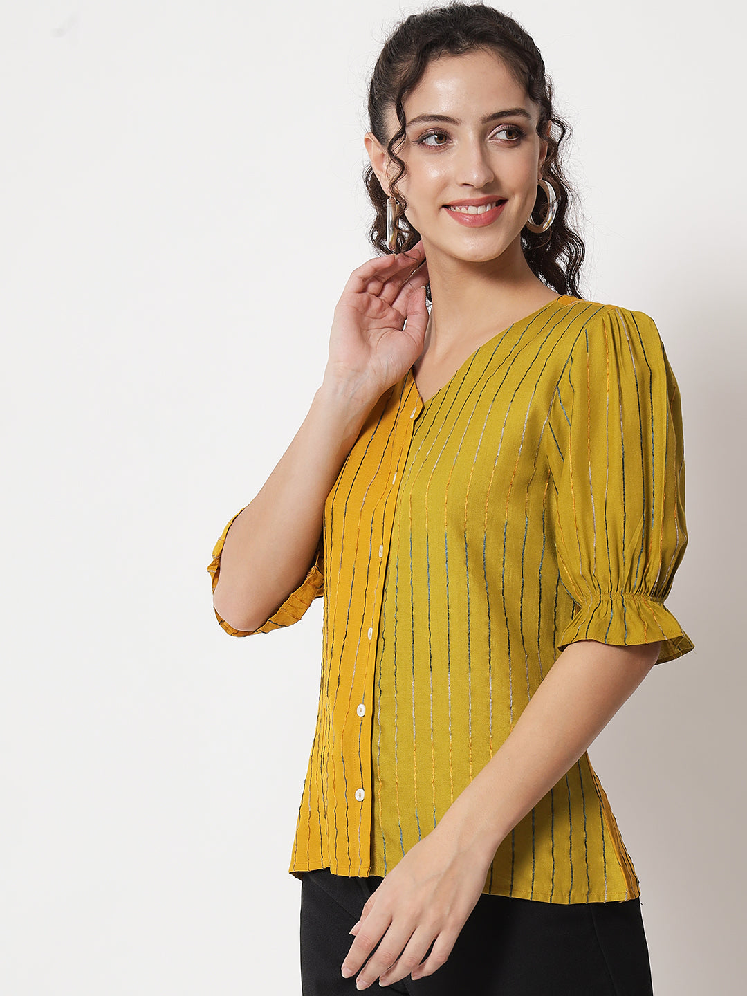 Women's Party Half Sleeve Striped Mustard Top