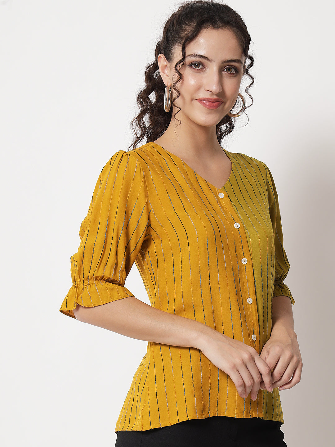 Women's Party Half Sleeve Striped Mustard Top
