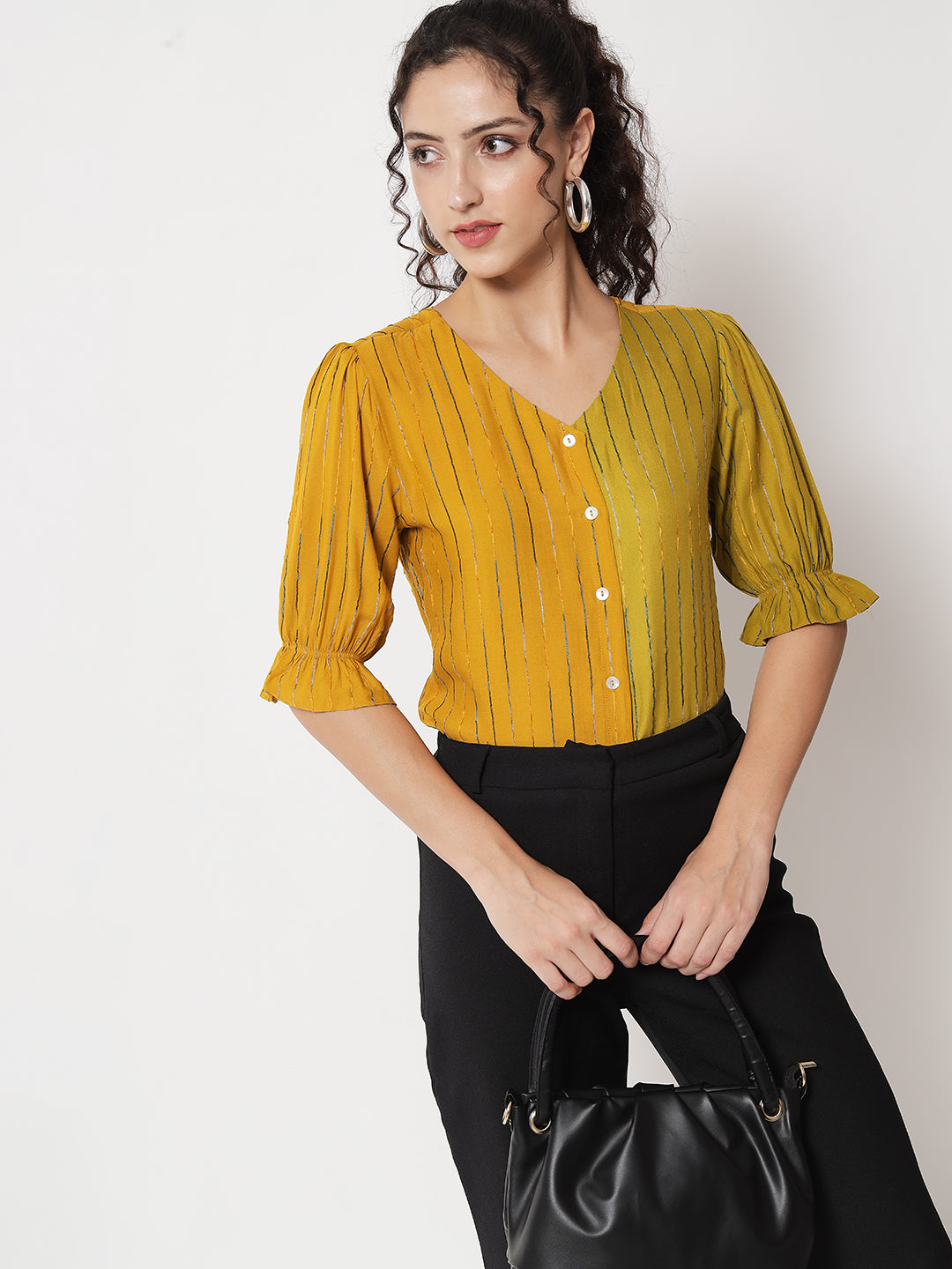 Women's Party Half Sleeve Striped Mustard Top
