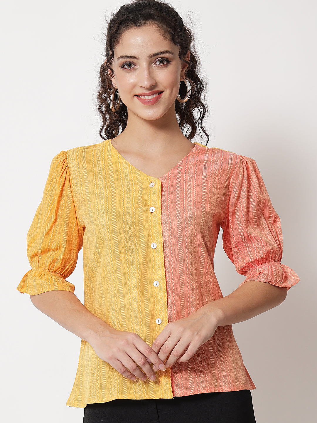 Women's Party Half Sleeve Printed Yellow Top