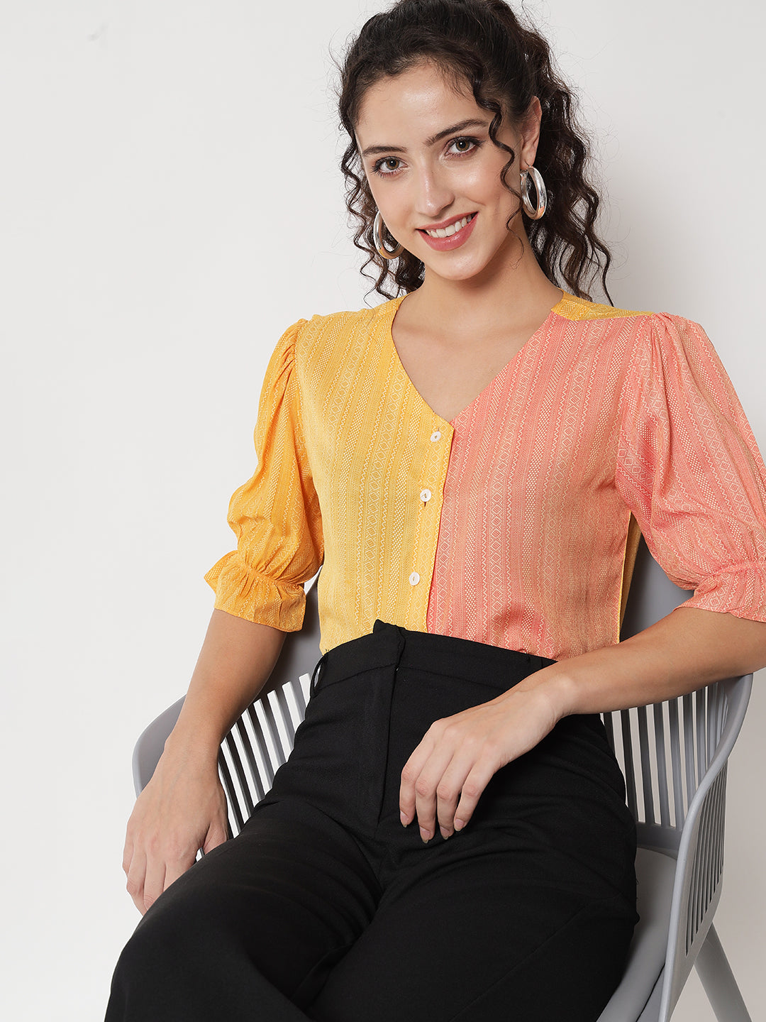Women's Party Half Sleeve Printed Yellow Top