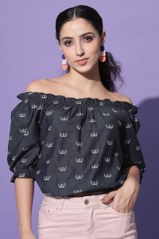Women's Casual Half Sleeve Printed Navy Blue Top