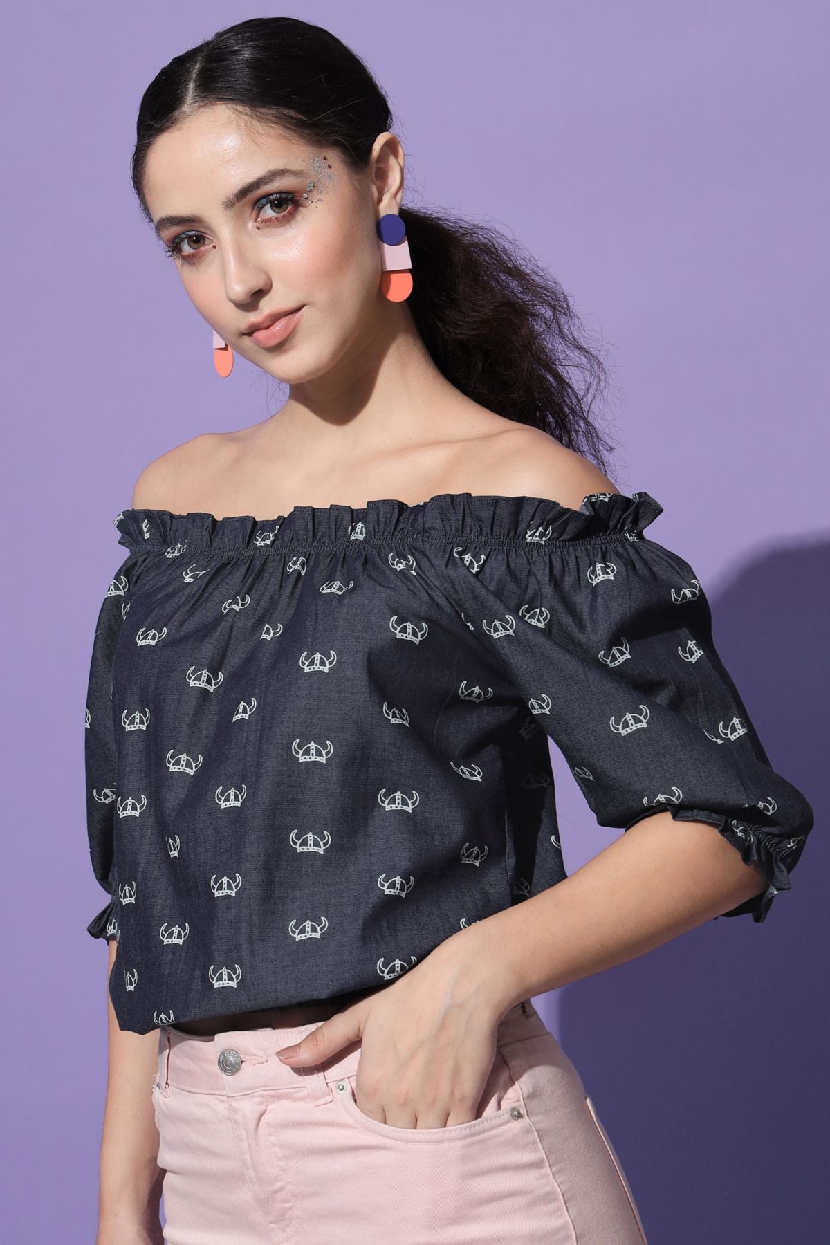 Women's Casual Half Sleeve Printed Navy Blue Top