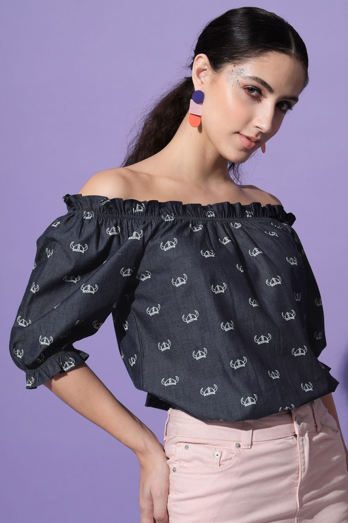 Women's Casual Half Sleeve Printed Navy Blue Top