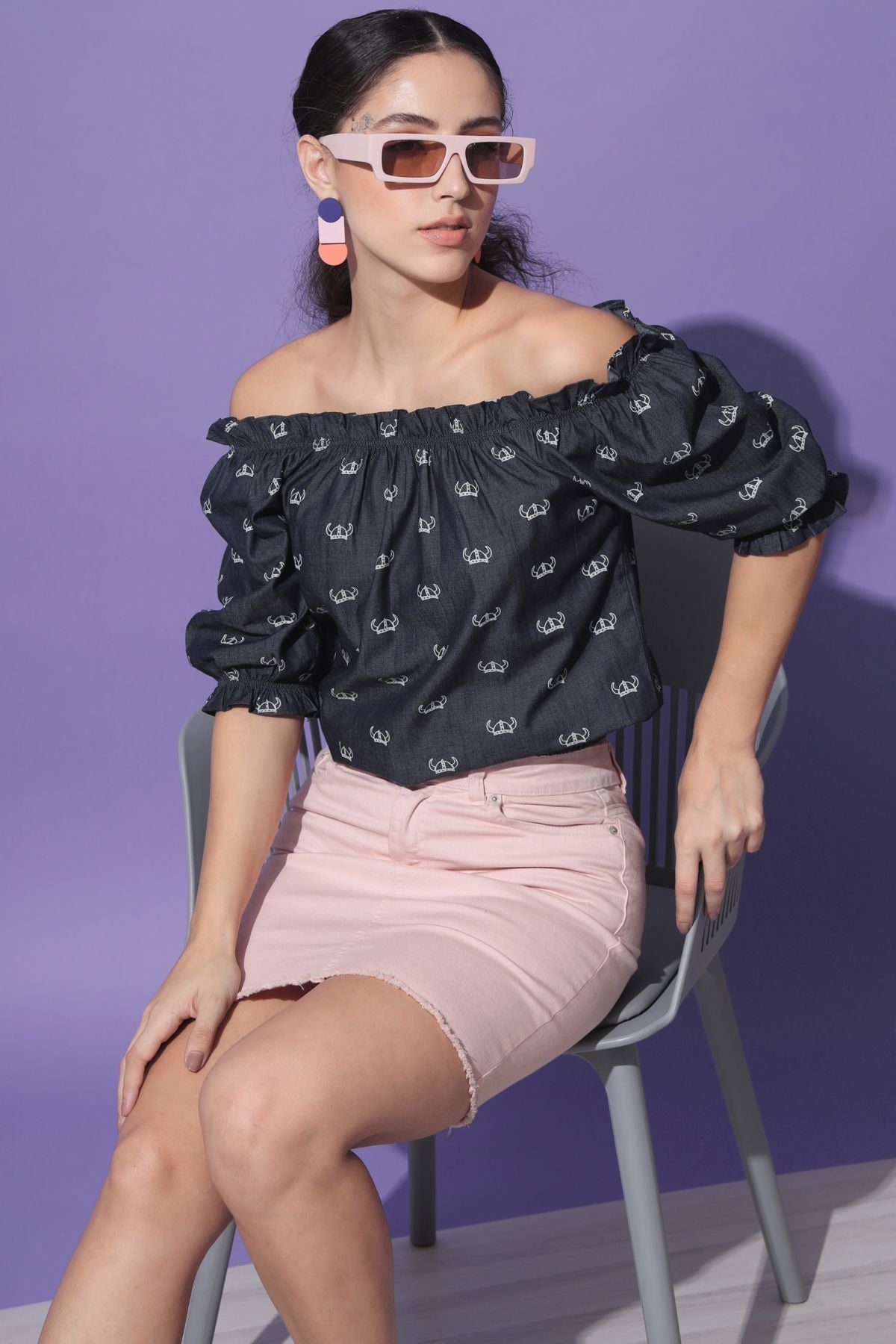 Women's Casual Half Sleeve Printed Navy Blue Top