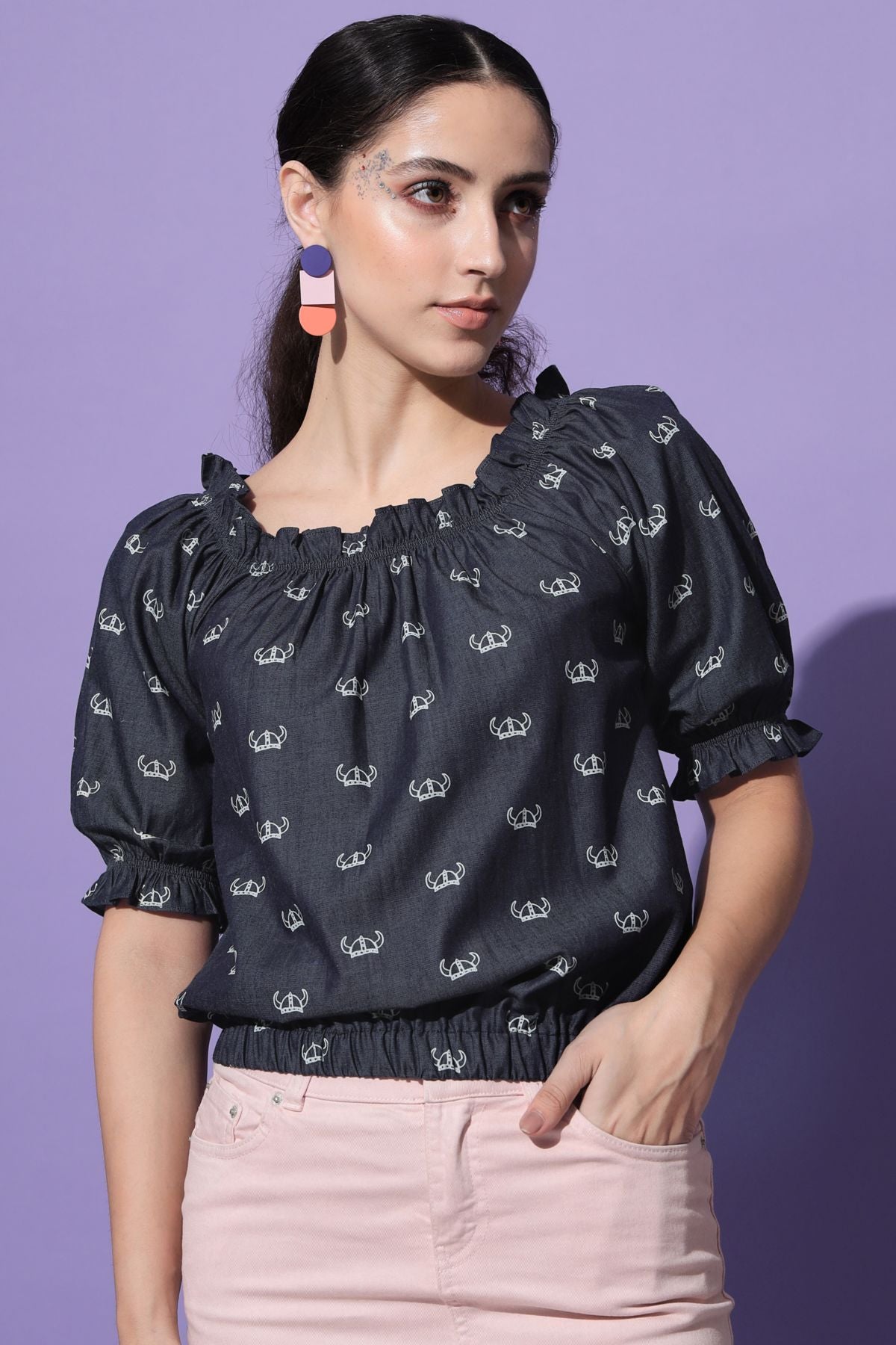 Women's Casual Half Sleeve Printed Navy Blue Top
