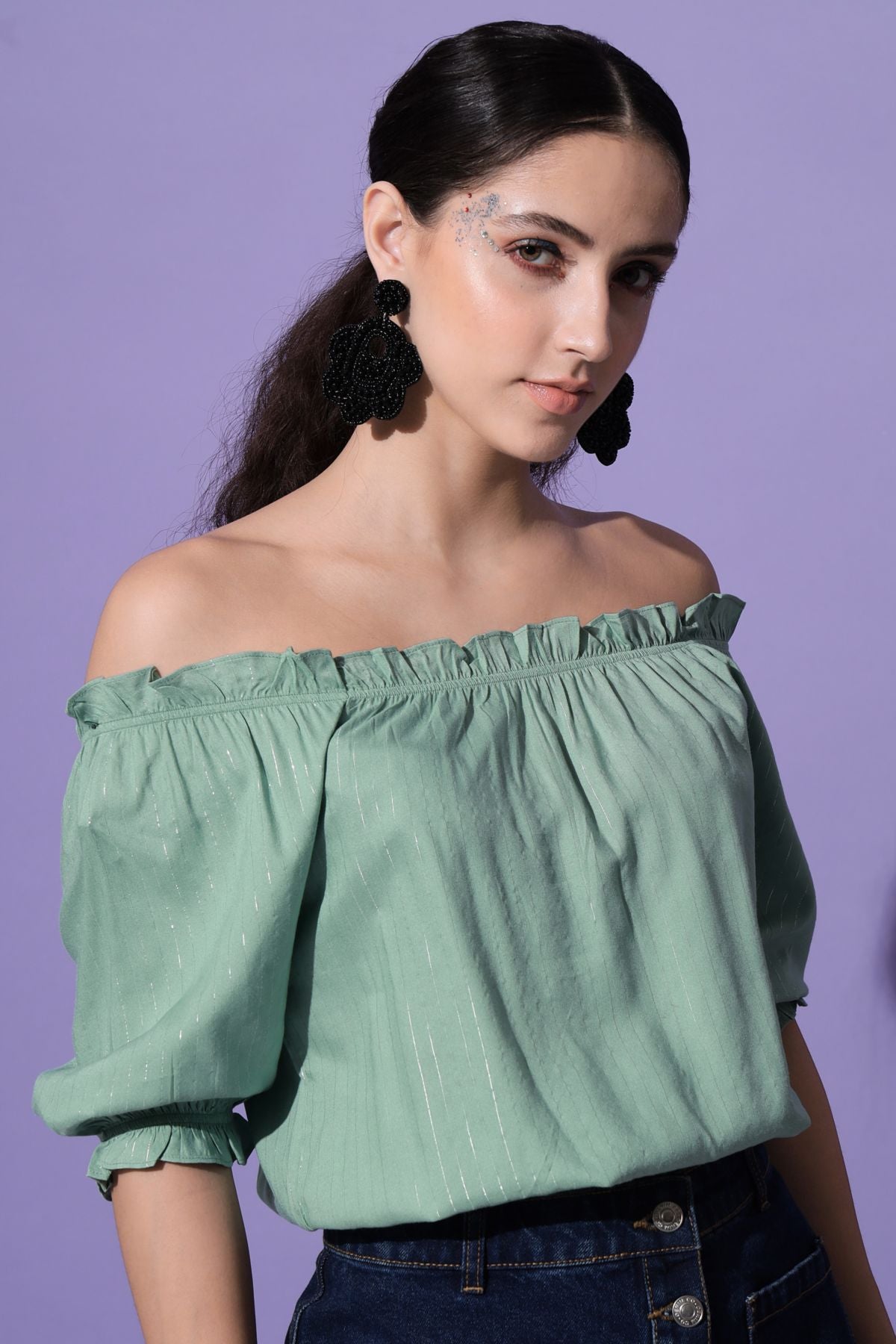 Women's Casual Half Sleeve Striped  Sea Green Top