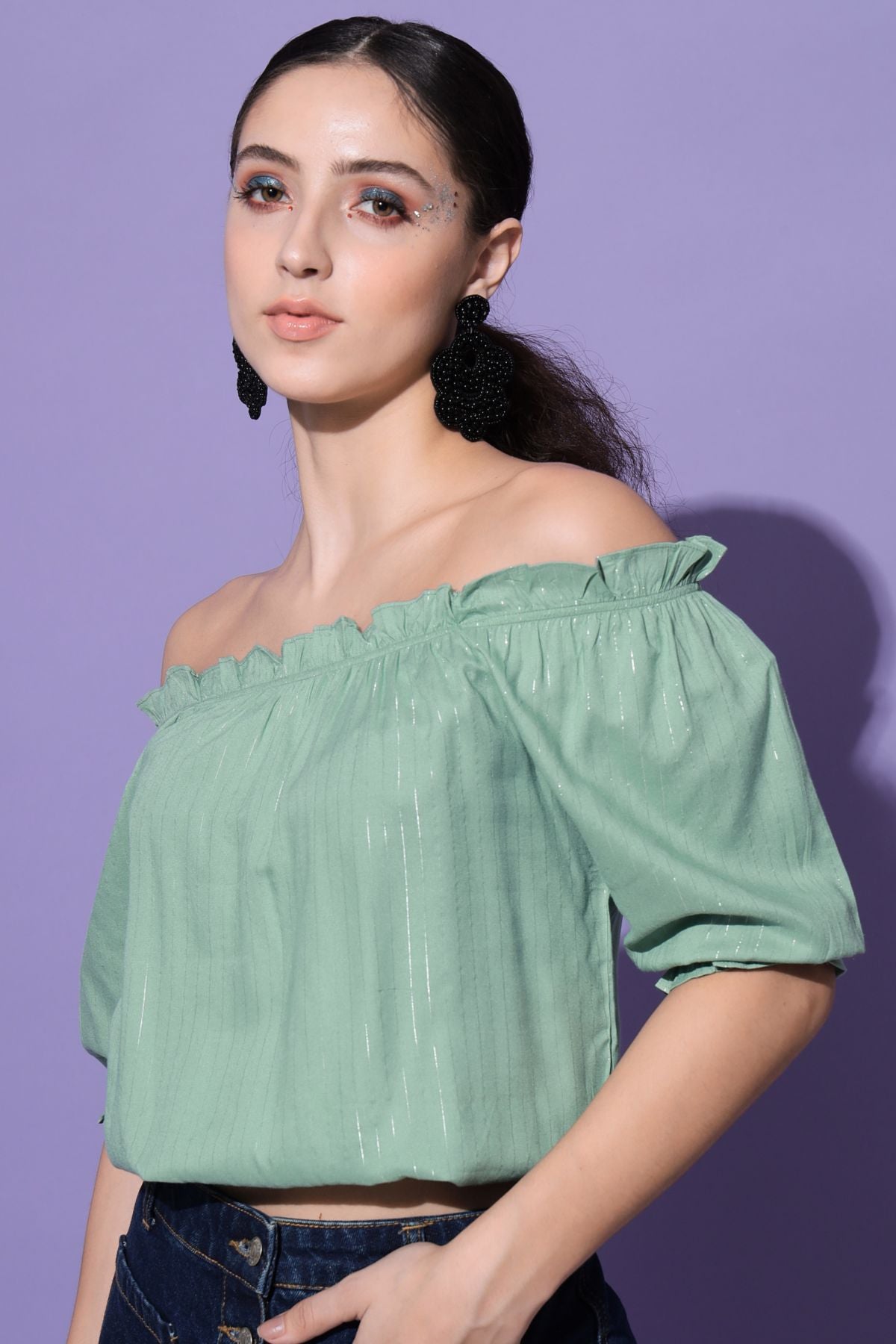 Women's Casual Half Sleeve Striped  Sea Green Top