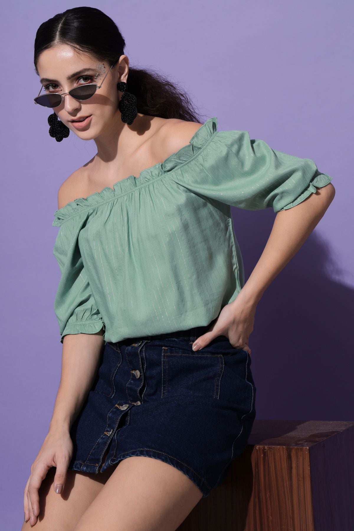 Women's Casual Half Sleeve Striped  Sea Green Top