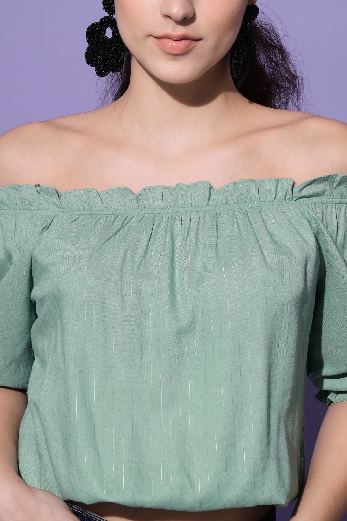 Women's Casual Half Sleeve Striped  Sea Green Top