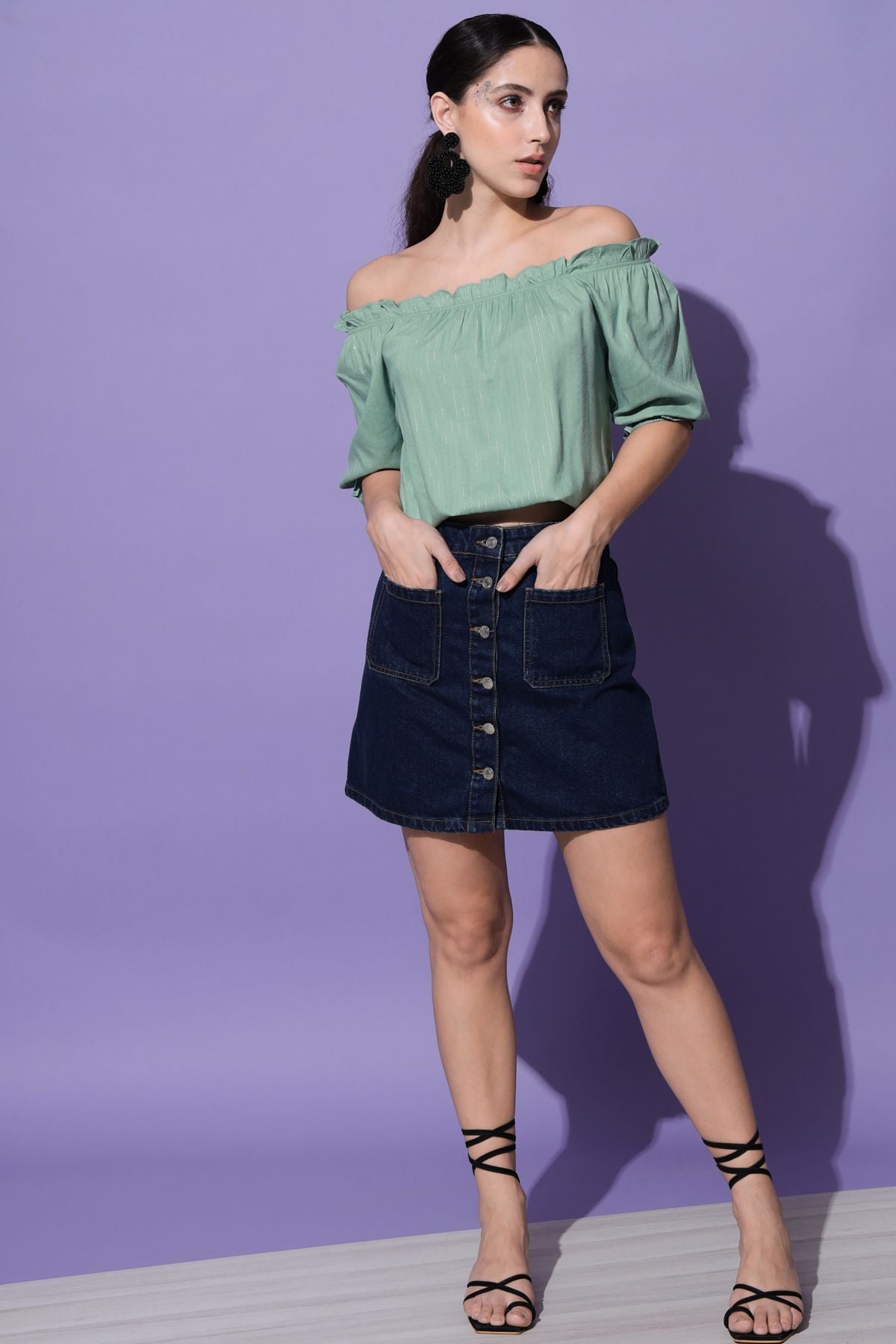 Women's Casual Half Sleeve Striped  Sea Green Top