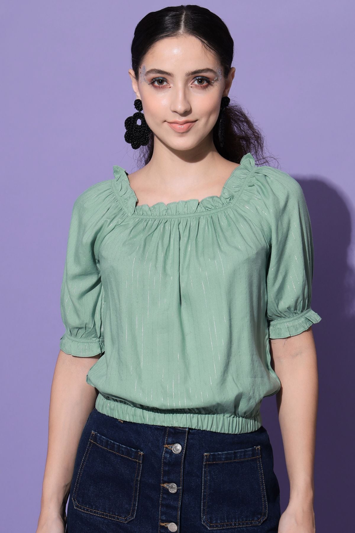Women's Casual Half Sleeve Striped  Sea Green Top