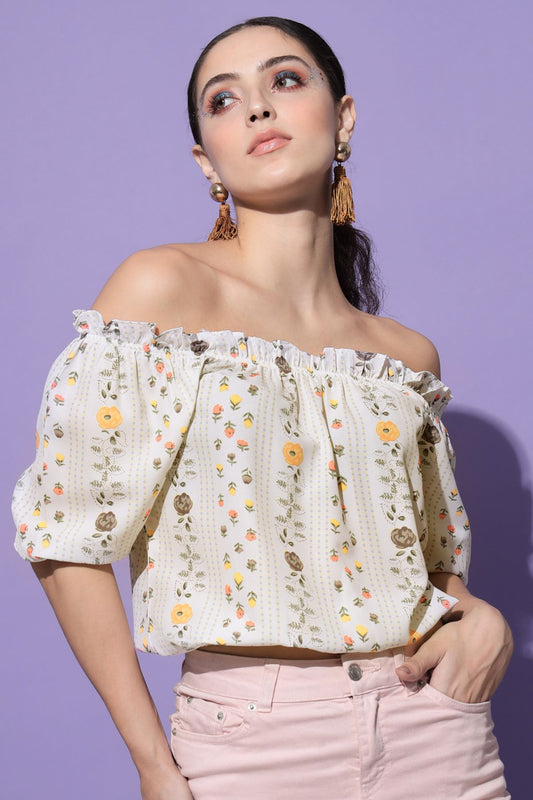 Women's Casual Half Sleeve Floral Print Beige Top