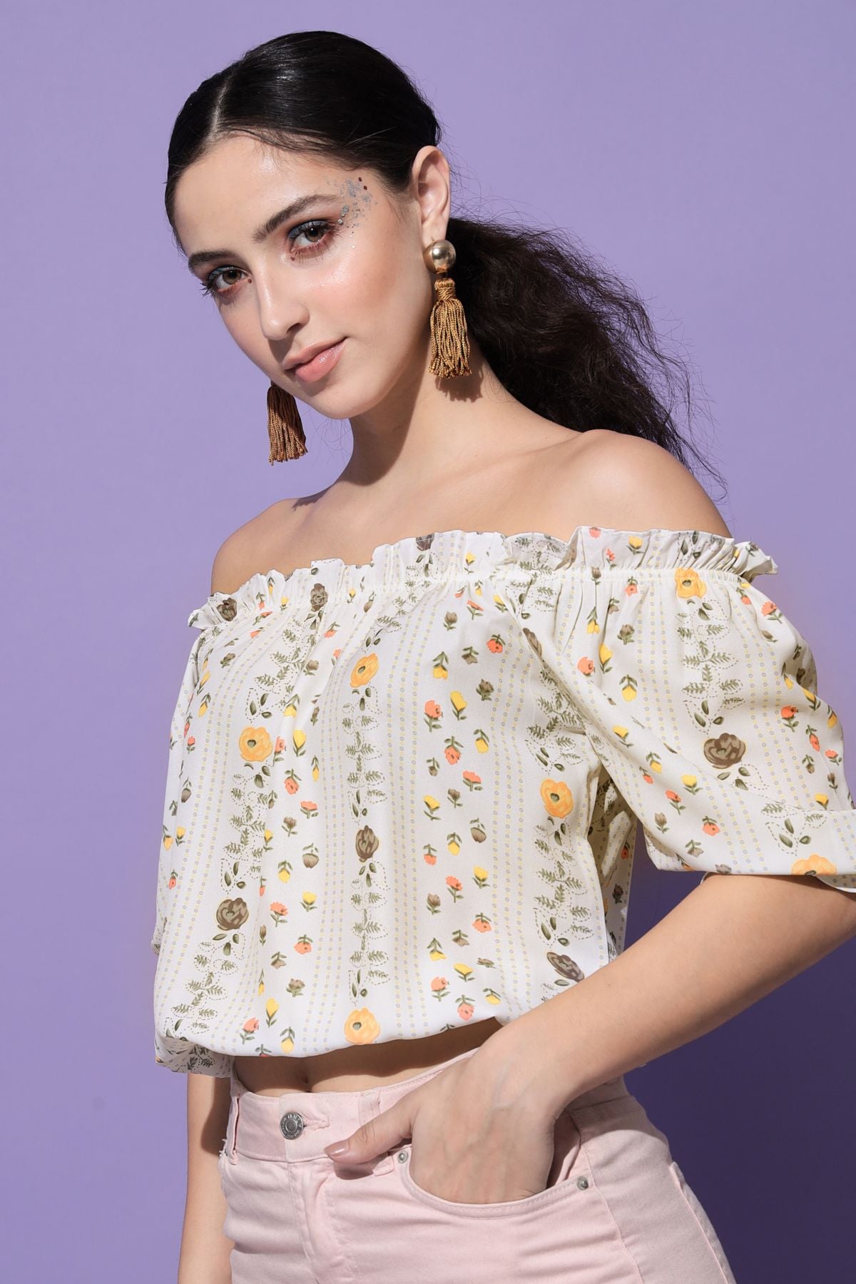 Women's Casual Half Sleeve Floral Print Beige Top