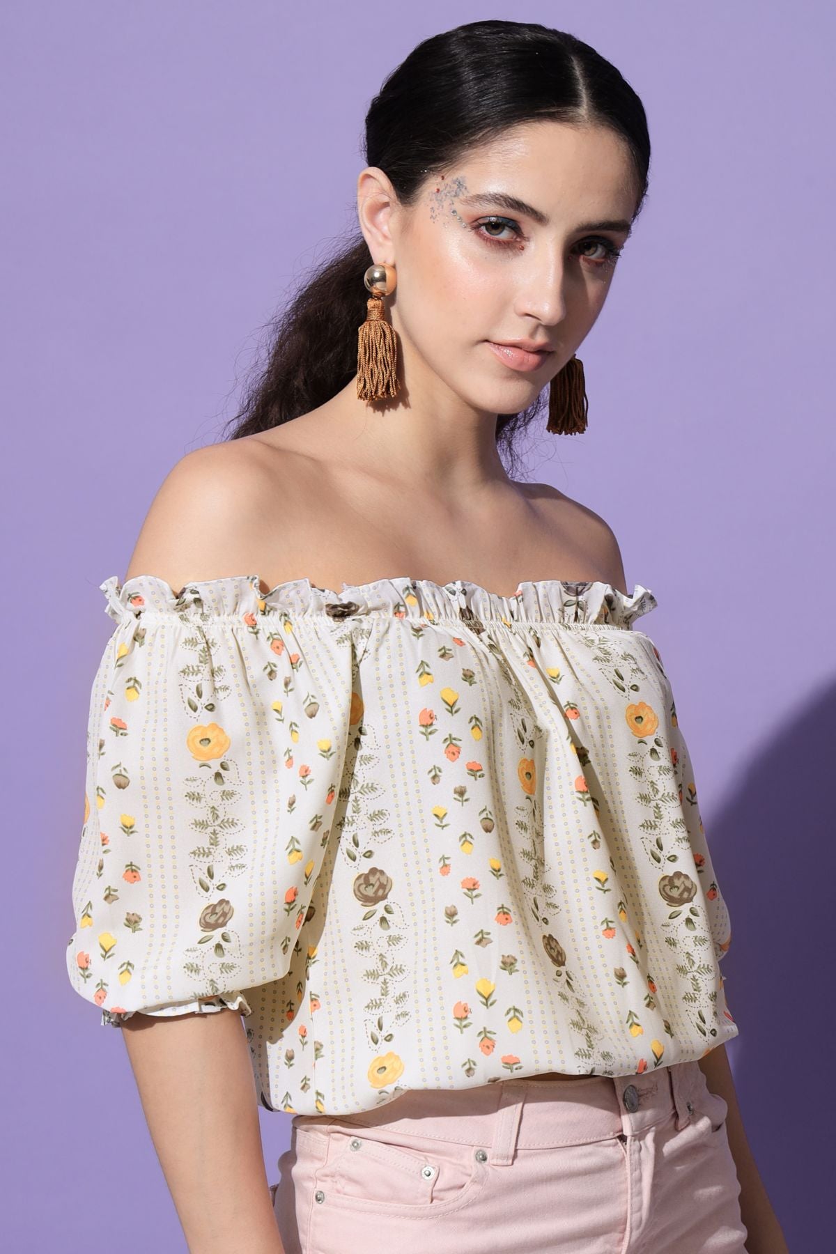 Women's Casual Half Sleeve Floral Print Beige Top