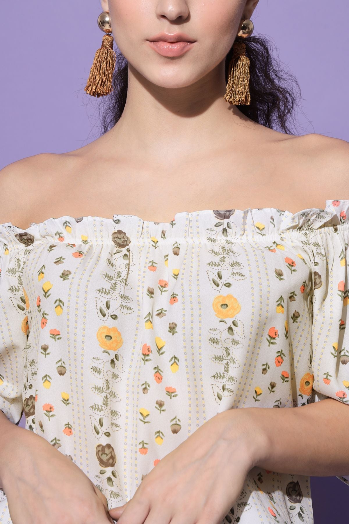 Women's Casual Half Sleeve Floral Print Beige Top