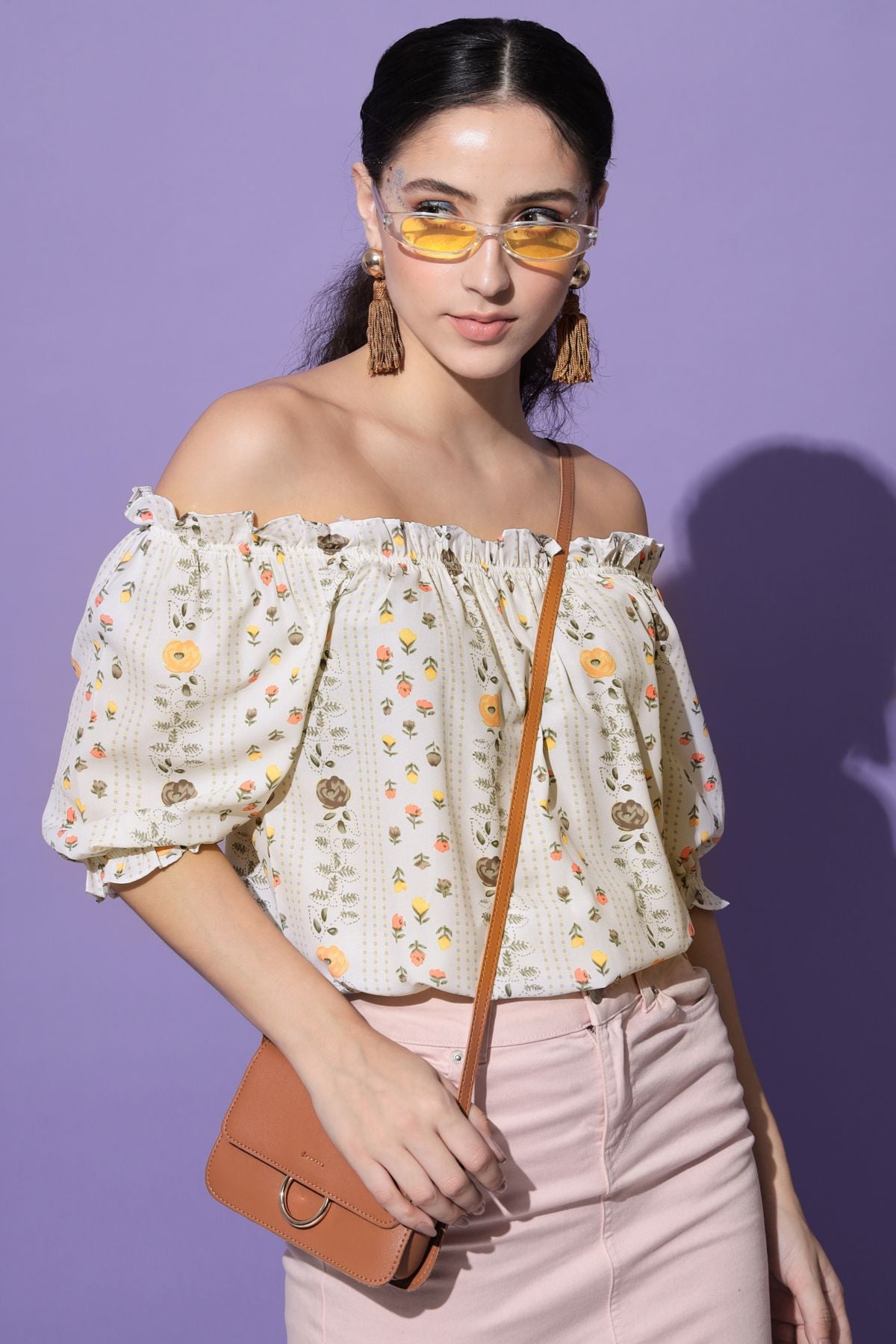 Women's Casual Half Sleeve Floral Print Beige Top