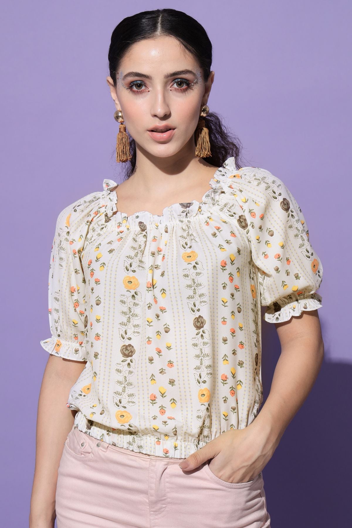 Women's Casual Half Sleeve Floral Print Beige Top