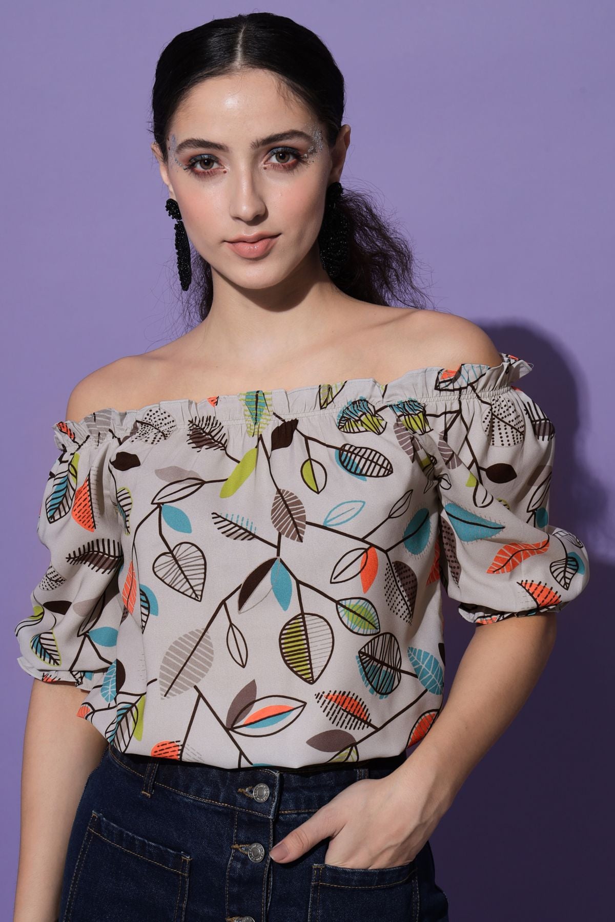 Women's Beach Wear Half Sleeve Floral Print Grey Top