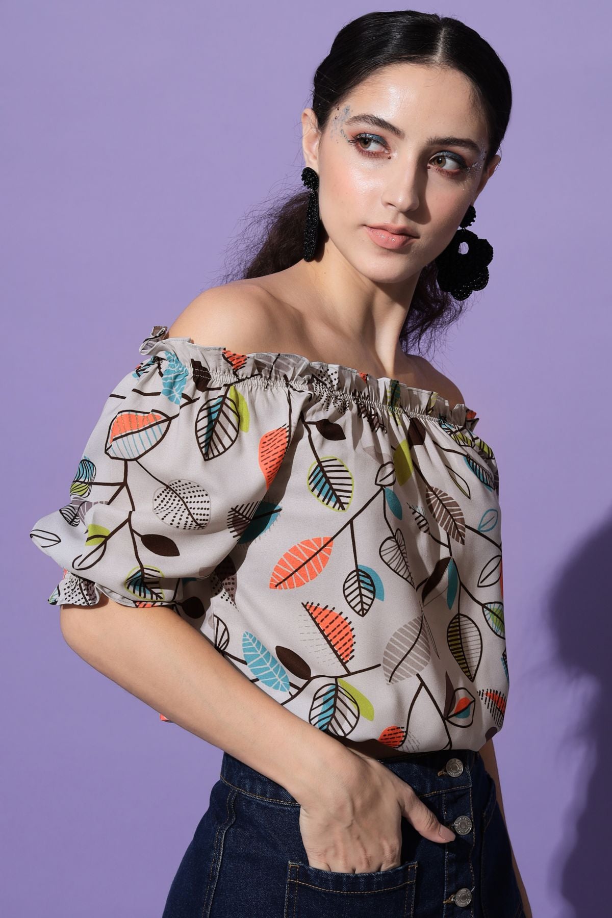 Women's Beach Wear Half Sleeve Floral Print Grey Top