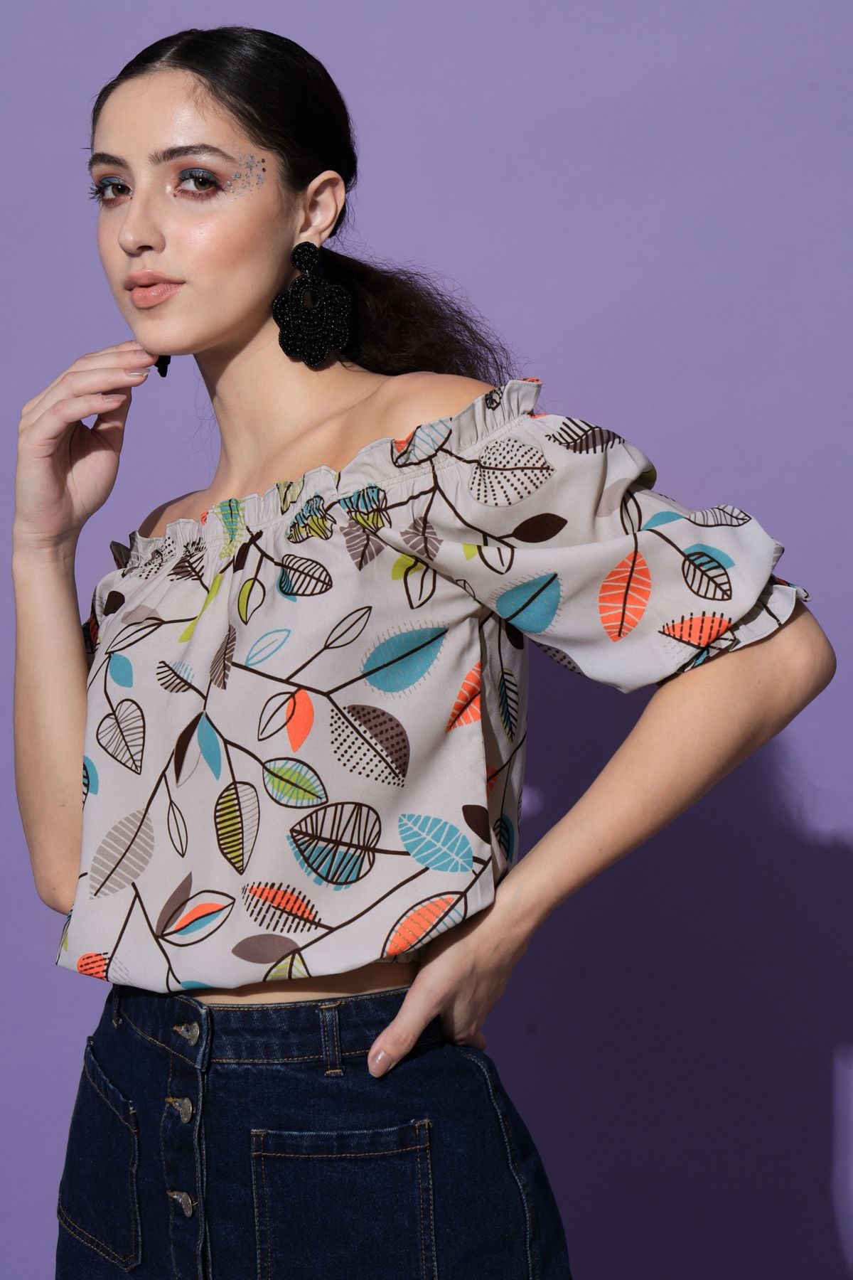 Women's Beach Wear Half Sleeve Floral Print Grey Top