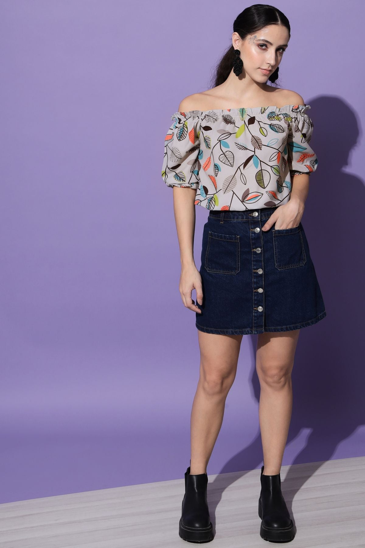 Women's Beach Wear Half Sleeve Floral Print Grey Top