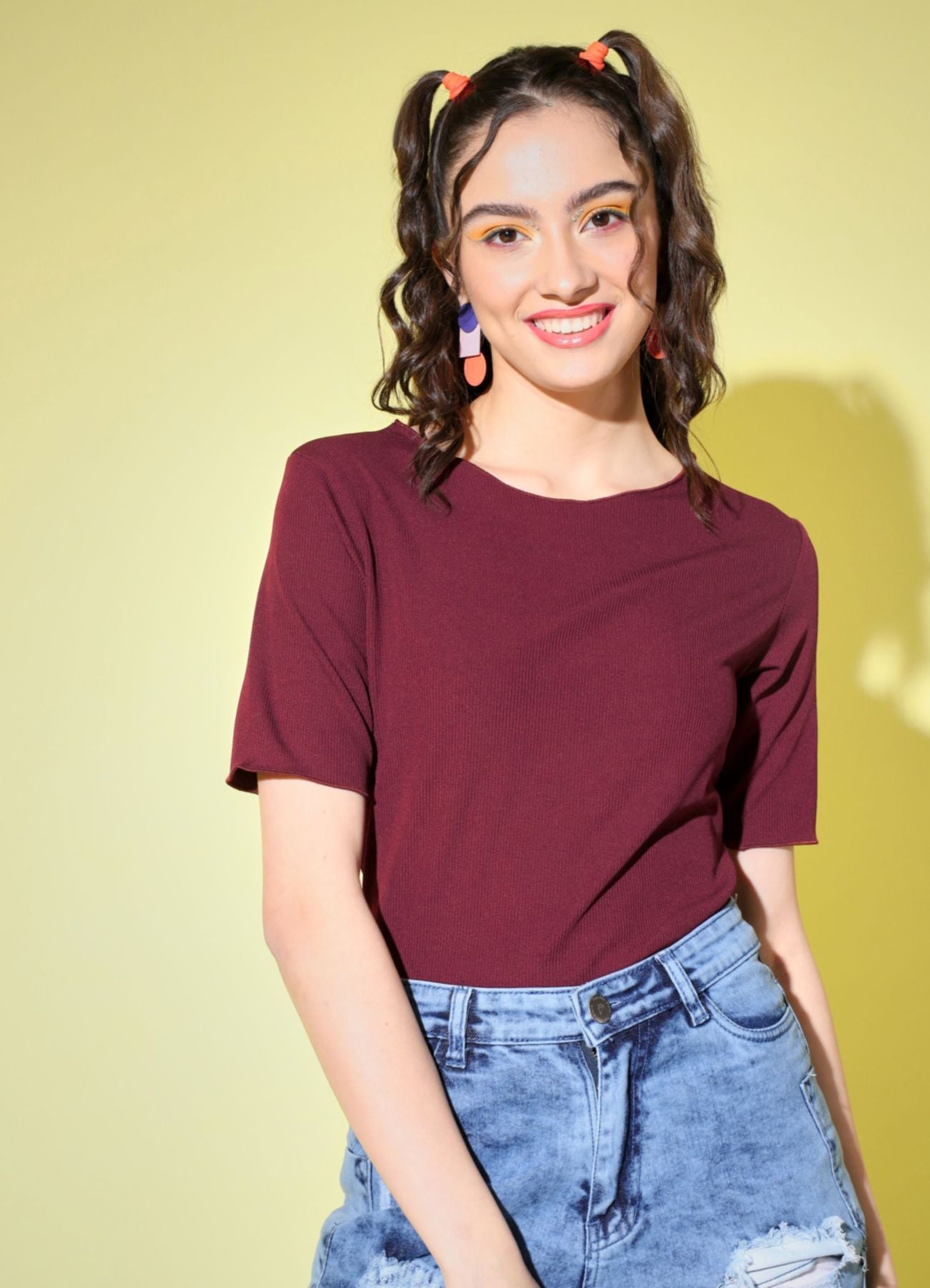 Women's Party Half Sleeve Solid Maroon Top