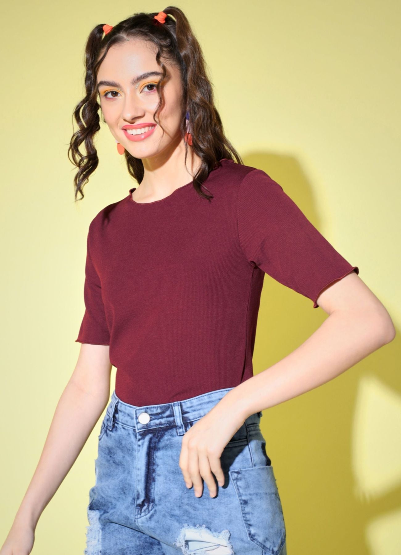 Women's Party Half Sleeve Solid Maroon Top