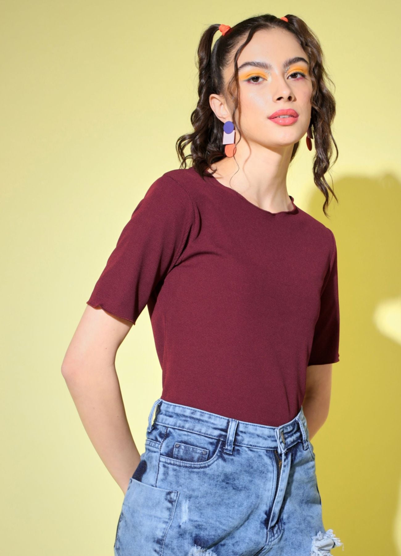 Women's Party Half Sleeve Solid Maroon Top
