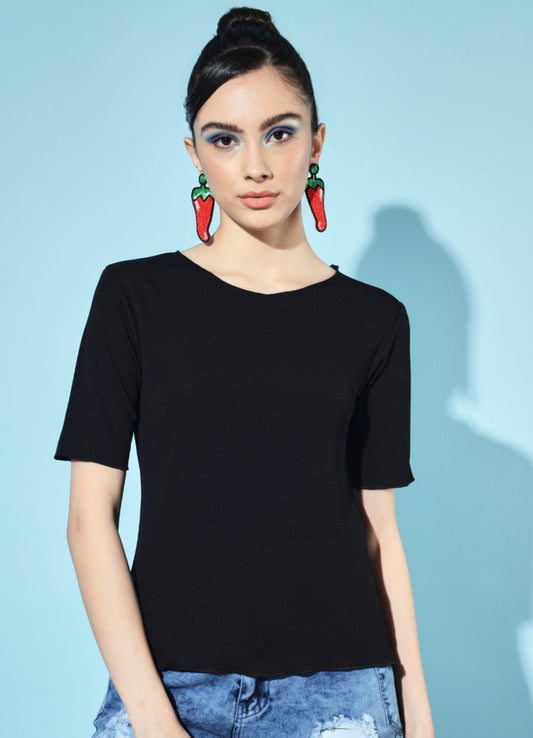 Women's Party Half Sleeve Solid  Black Top