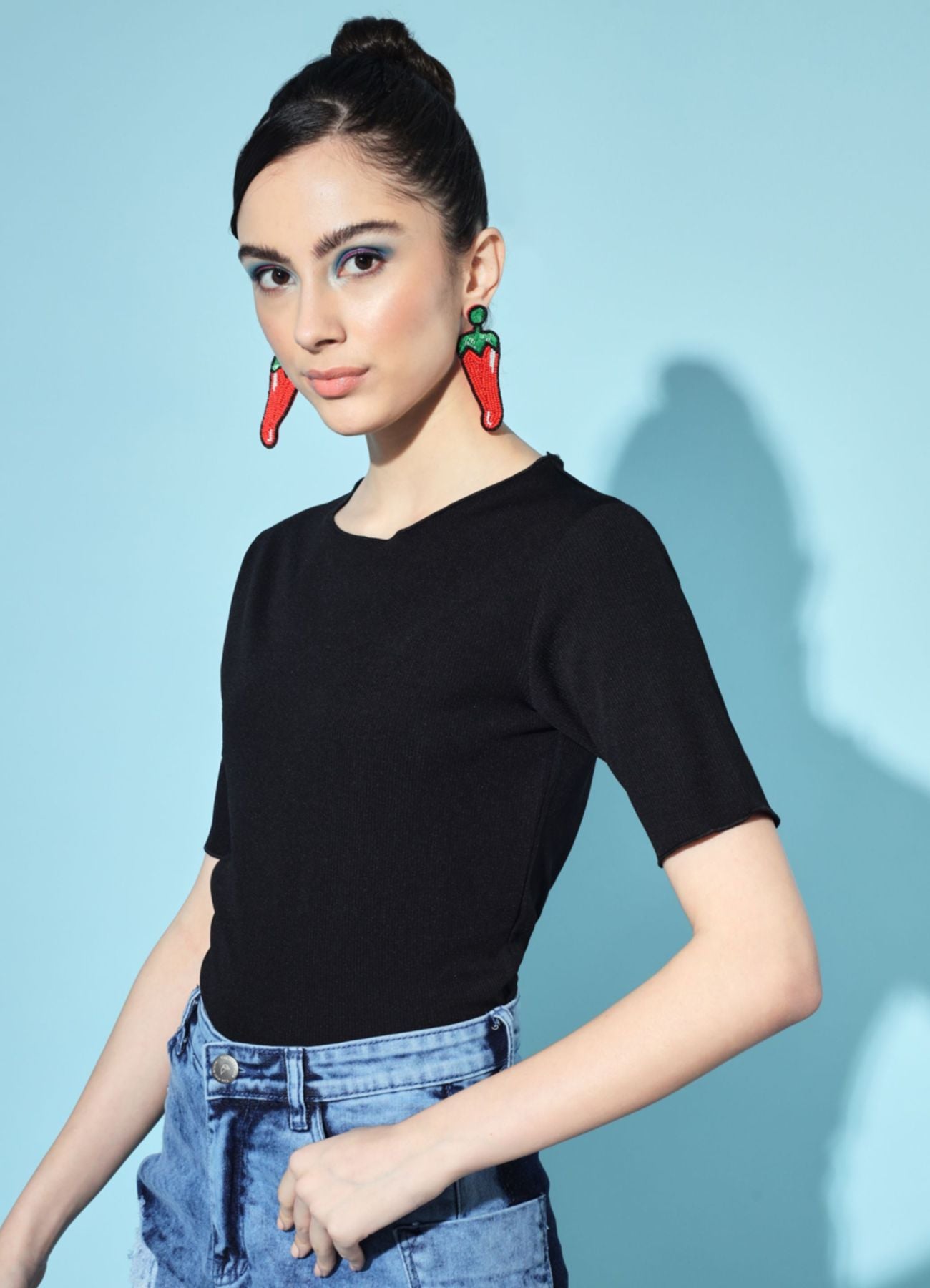 Women's Party Half Sleeve Solid  Black Top