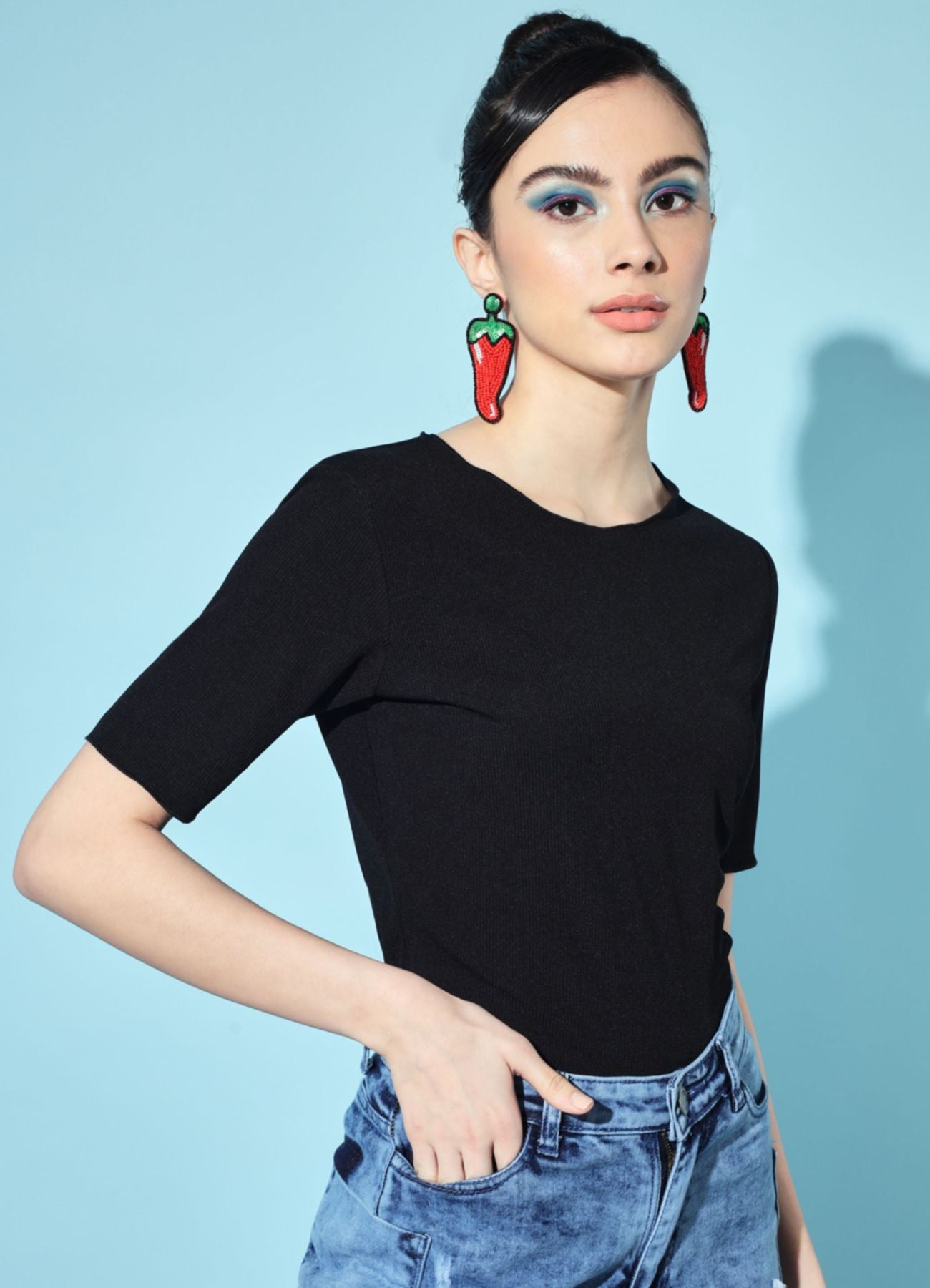 Women's Party Half Sleeve Solid  Black Top