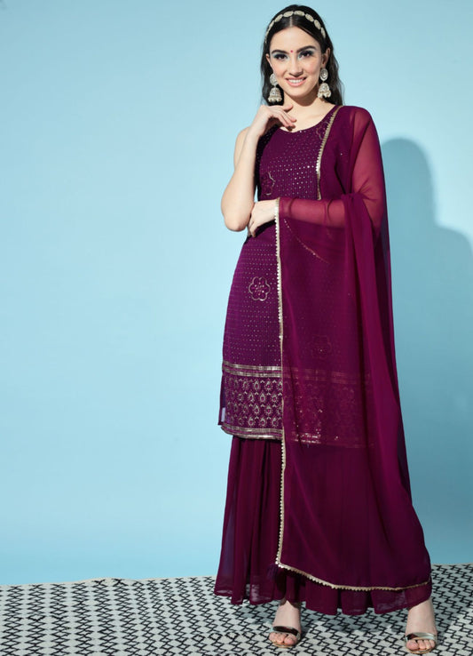 Women's  Embroidered Georgette  Kurta and Sharara Set