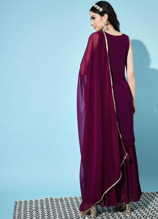 Women's  Embroidered Georgette  Kurta and Sharara Set