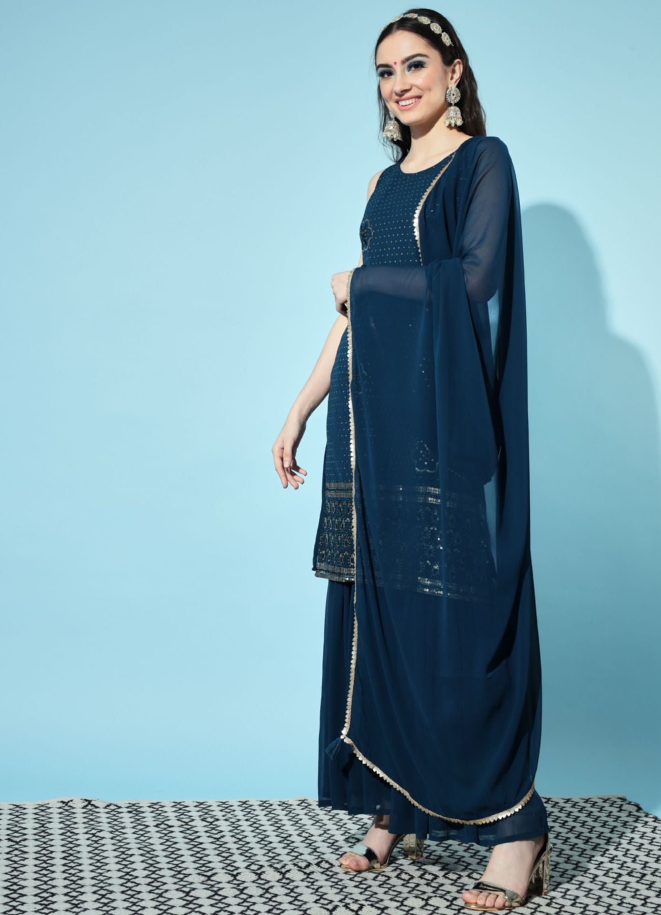 Women's  Embroidered Georgette  Kurta and Sharara Set