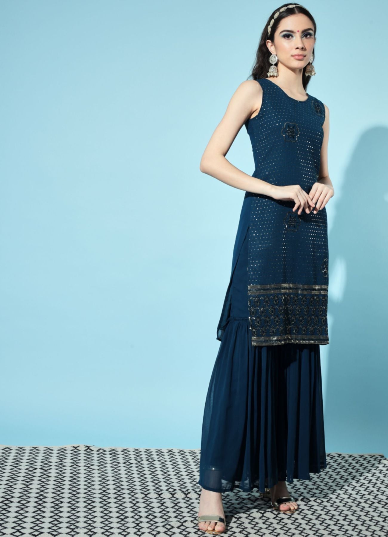 Women's  Embroidered Georgette  Kurta and Sharara Set