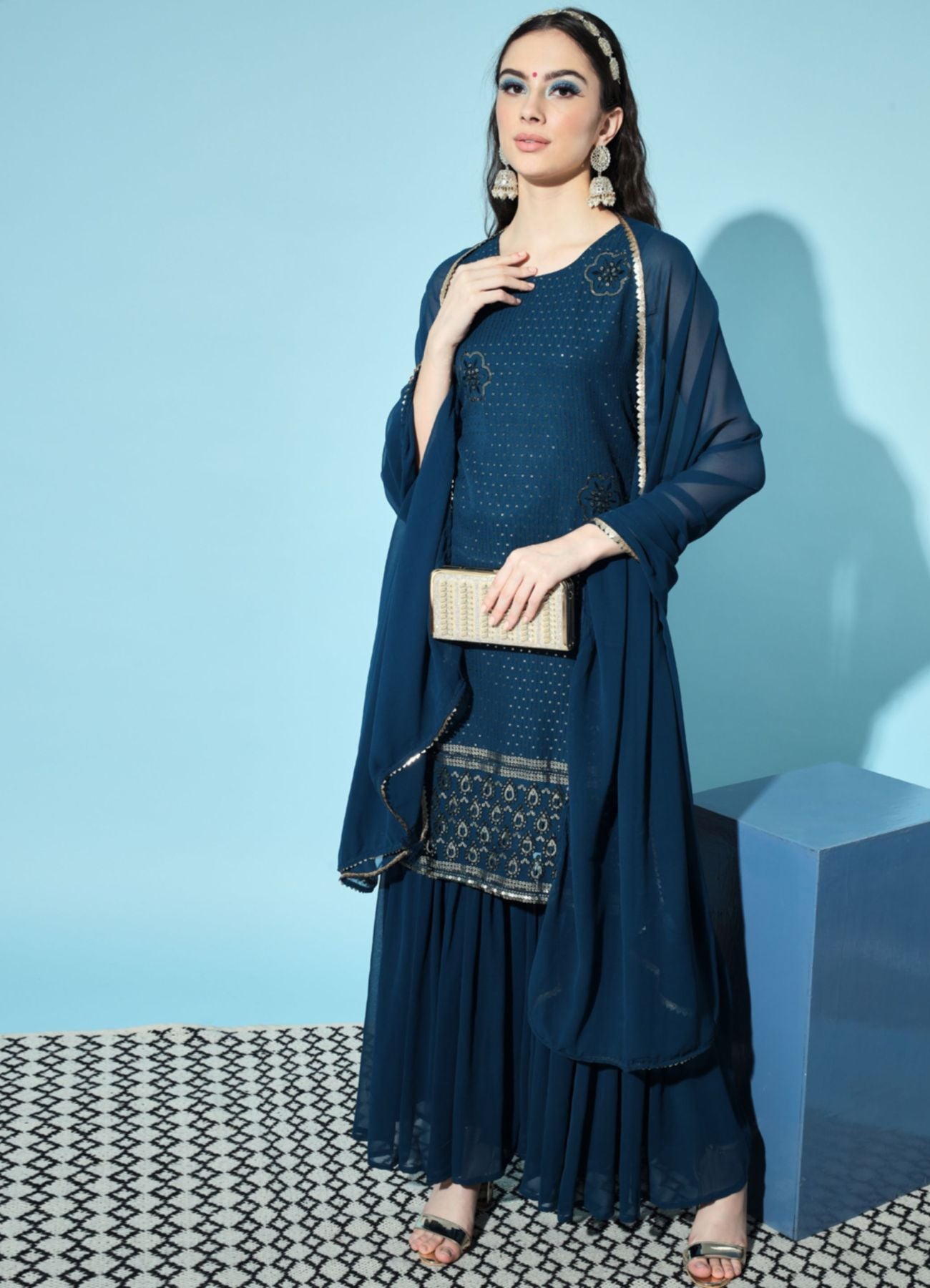 Women's  Embroidered Georgette  Kurta and Sharara Set
