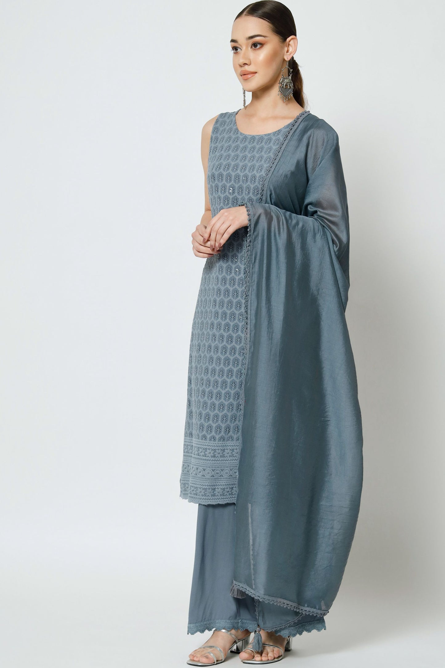 Women's Embroidered Rayon Kurta Palazzo and Dupatta Set