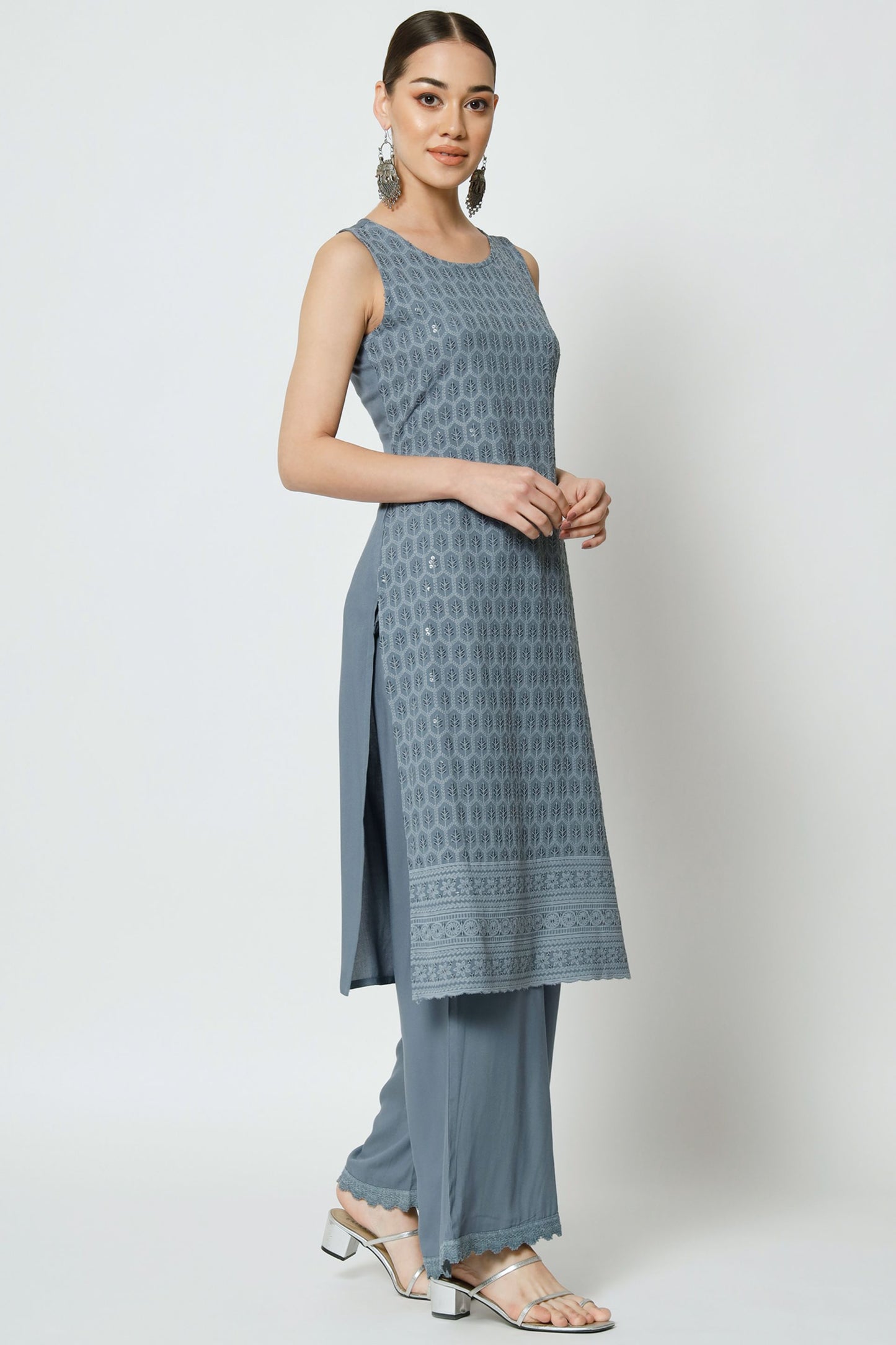 Women's Embroidered Rayon Kurta Palazzo and Dupatta Set