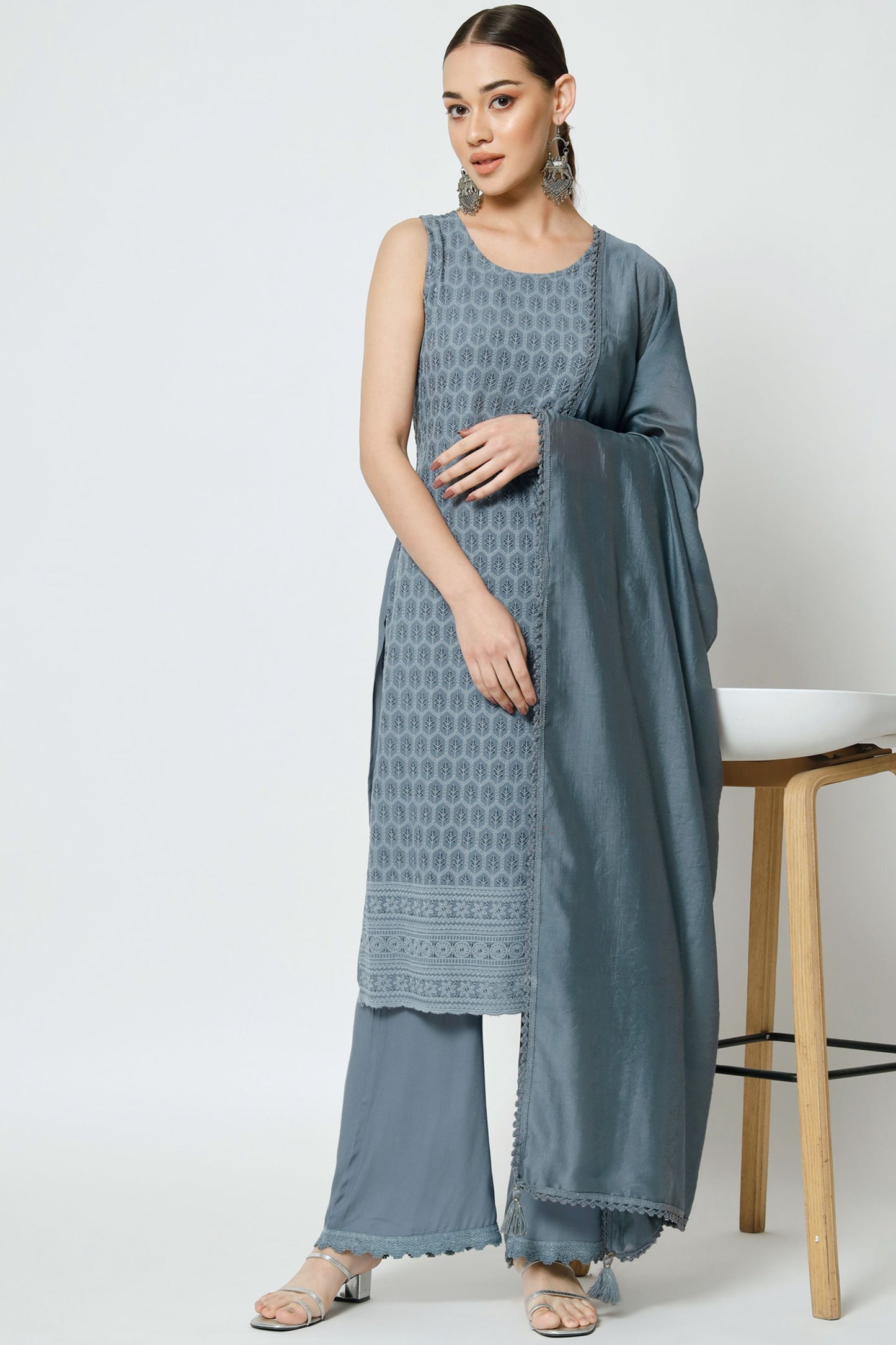 Women's Embroidered Rayon Kurta Palazzo and Dupatta Set