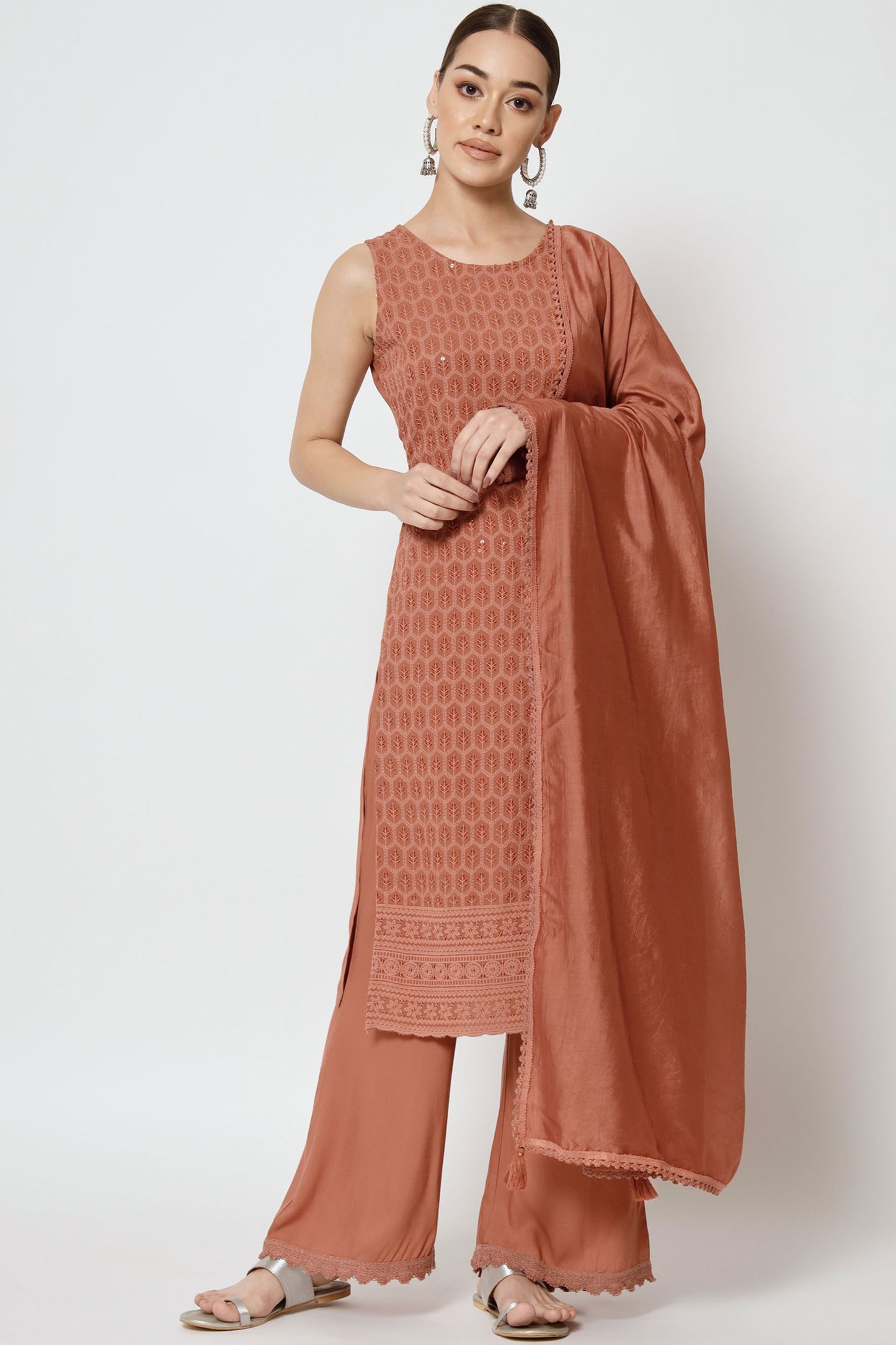 Women's Embroidered Rayon Kurta Palazzo and Dupatta Set