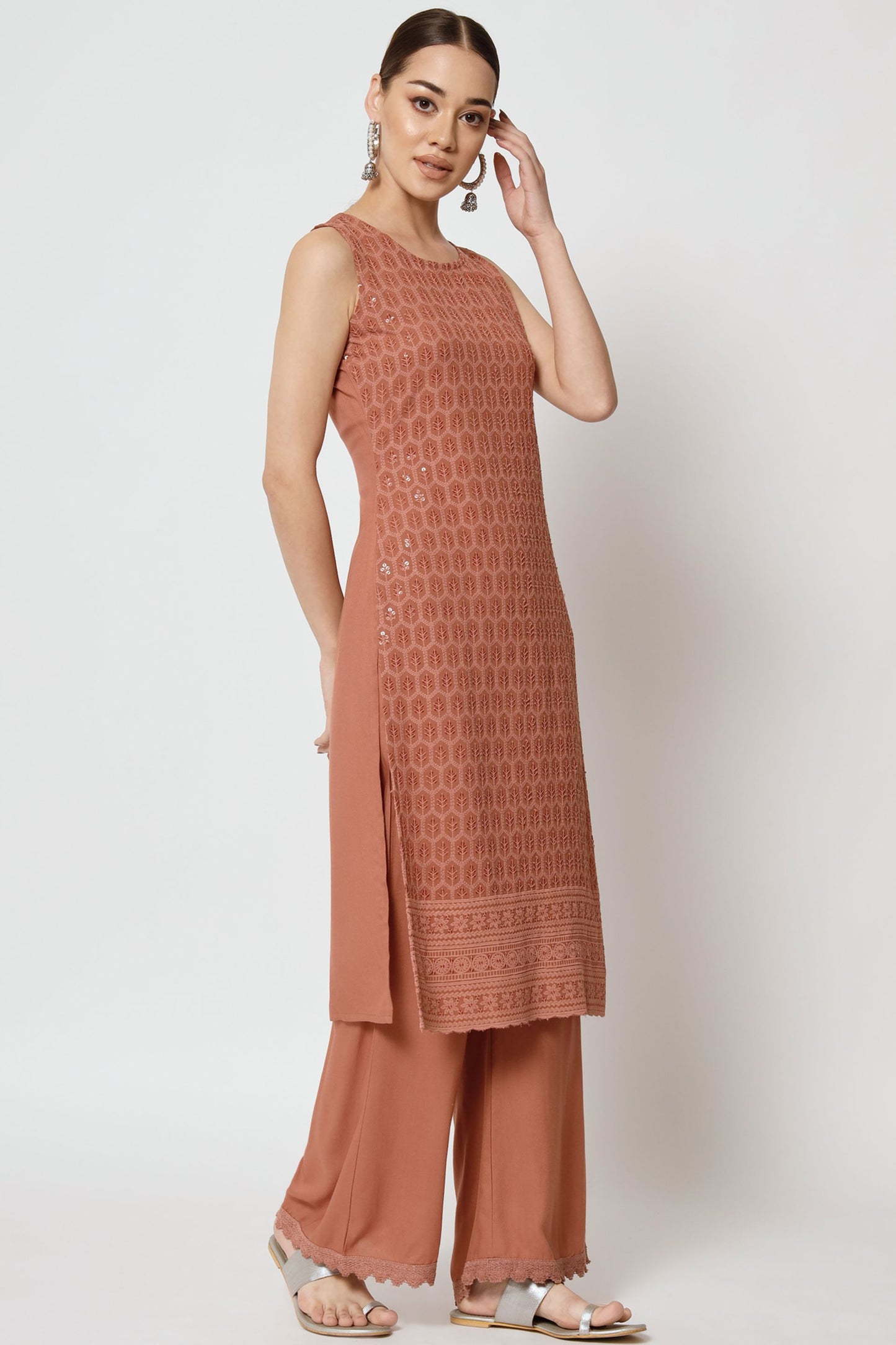 Women's Embroidered Rayon Kurta Palazzo and Dupatta Set