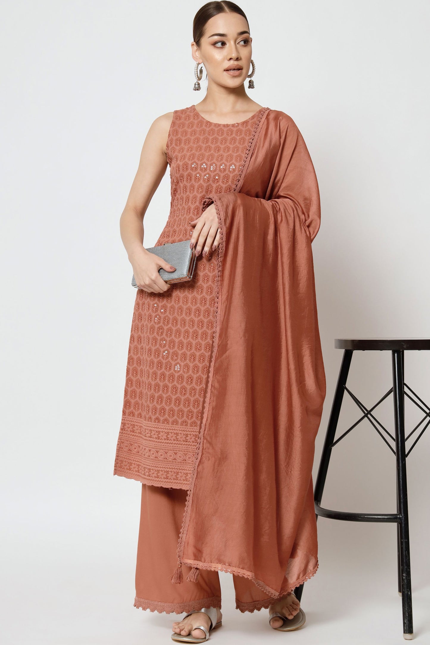 Women's  Embroidered Rayon Kurta Palazzo and Dupatta Set