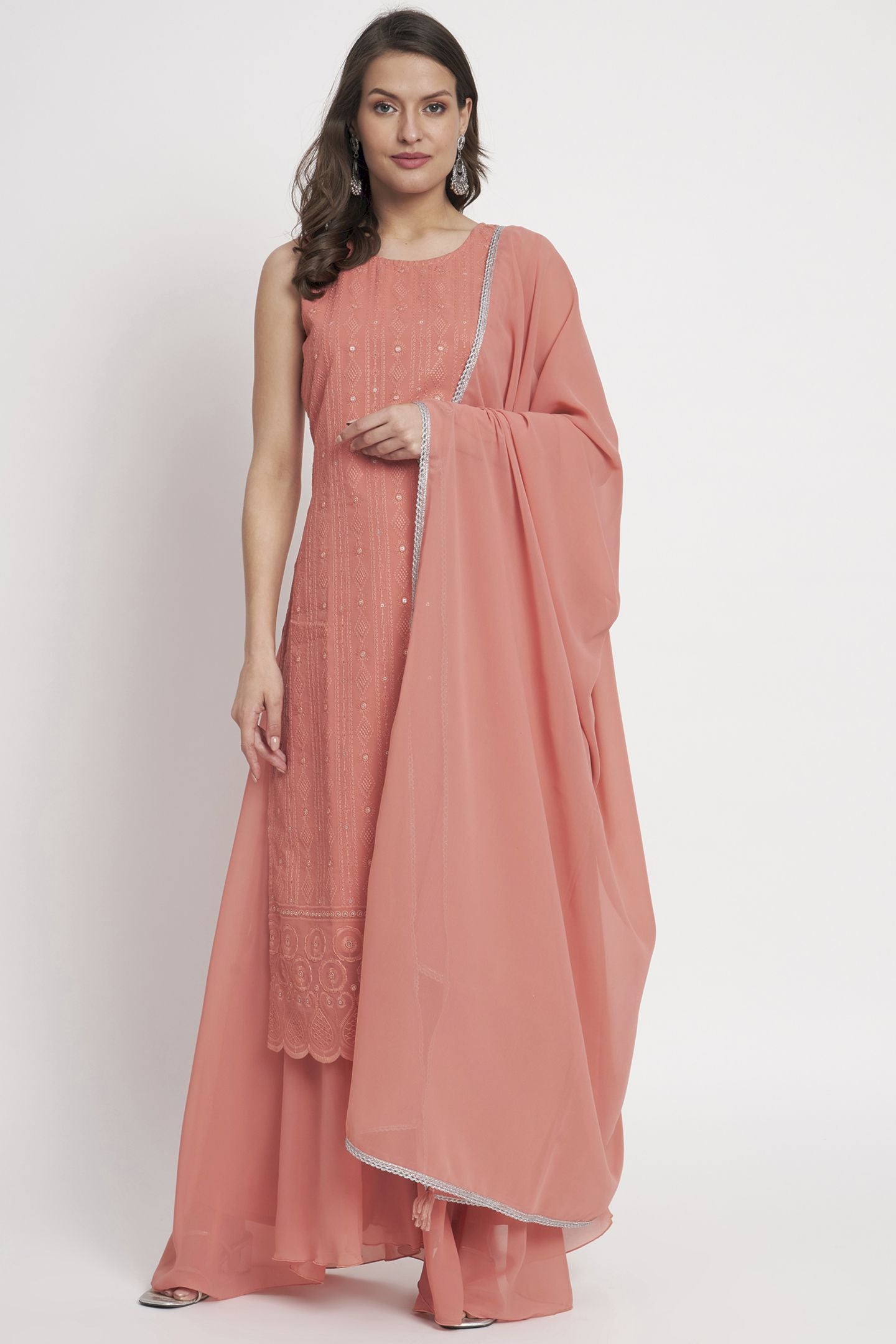 Women's  Embroidered Georgette  Kurta Palazzo and Dupatta Set